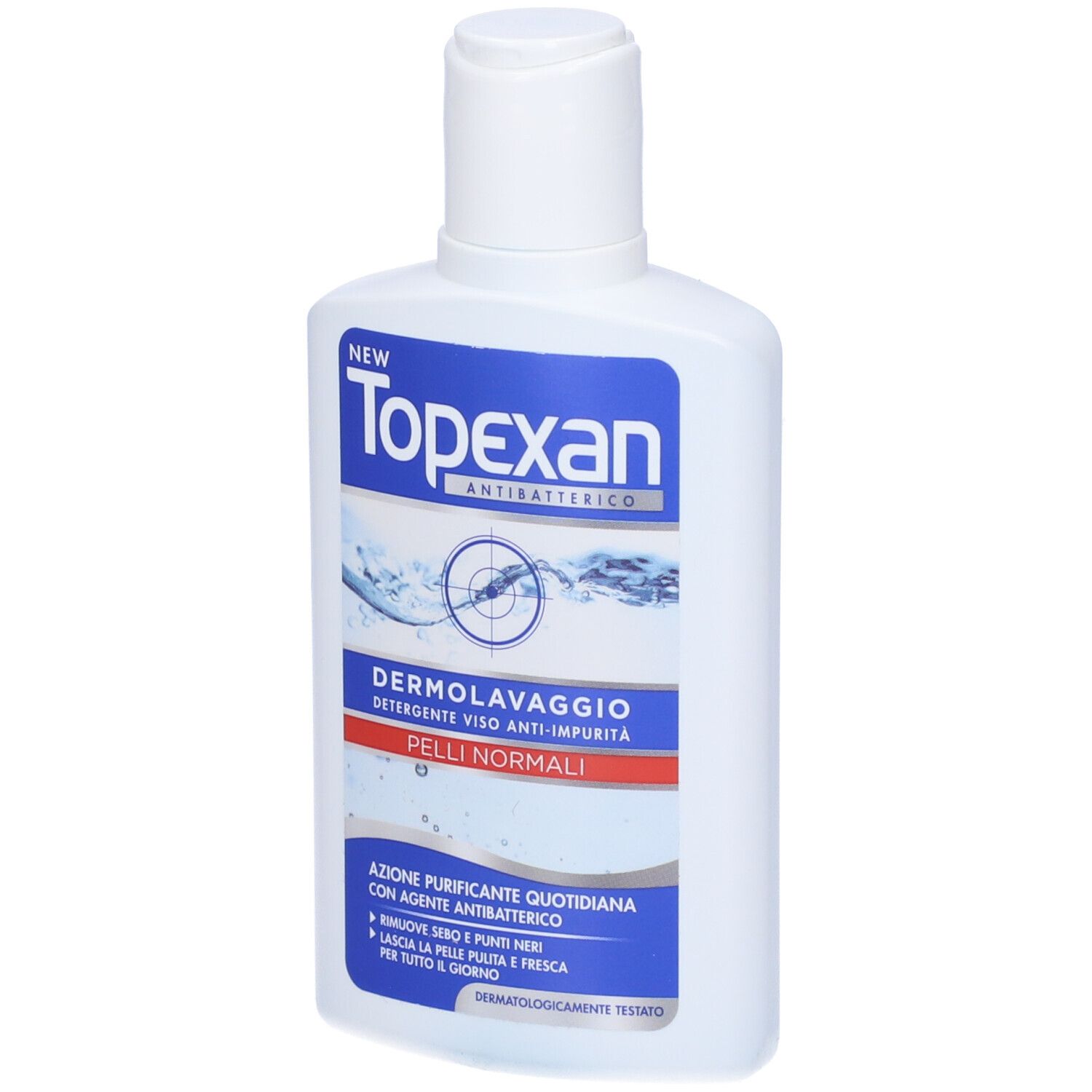 Flacone bianco con etichetta blu. Testo: TopExan, Dermolavaggio, Pelli Normali. Antibatterico.
