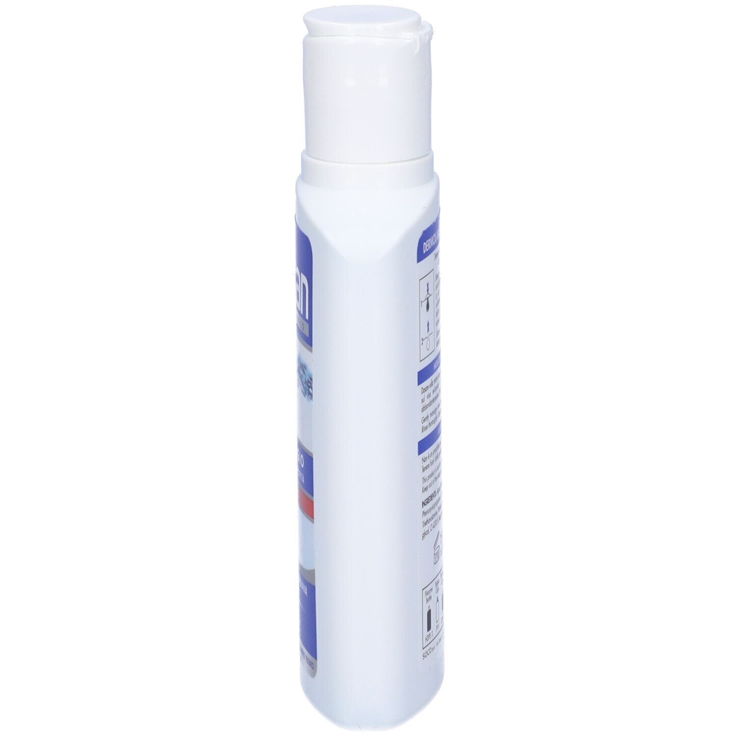 Flacone bianco, vista laterale. Etichetta blu con testo. Parte superiore con tappo bianco.