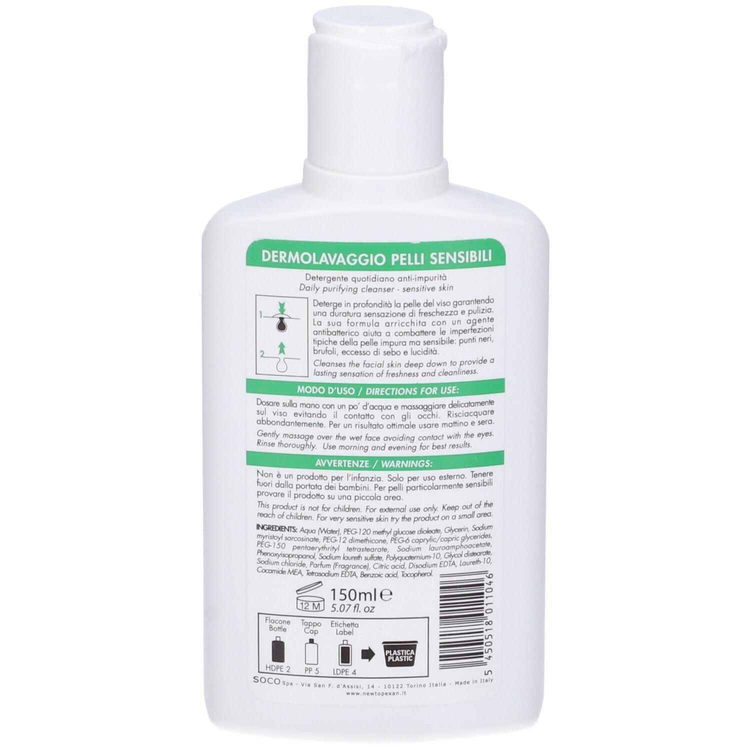 Retro del flacone bianco con etichetta verde. Informazioni sul prodotto.