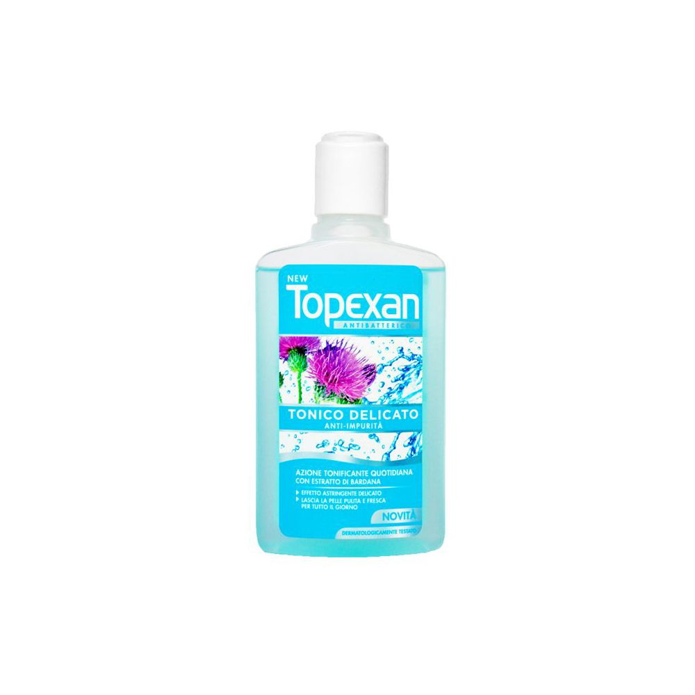 Flacone azzurro chiaro con tappo bianco. Scritta: TopExan, Tonico Delicato. Illustrazione di un fiore di cardo.