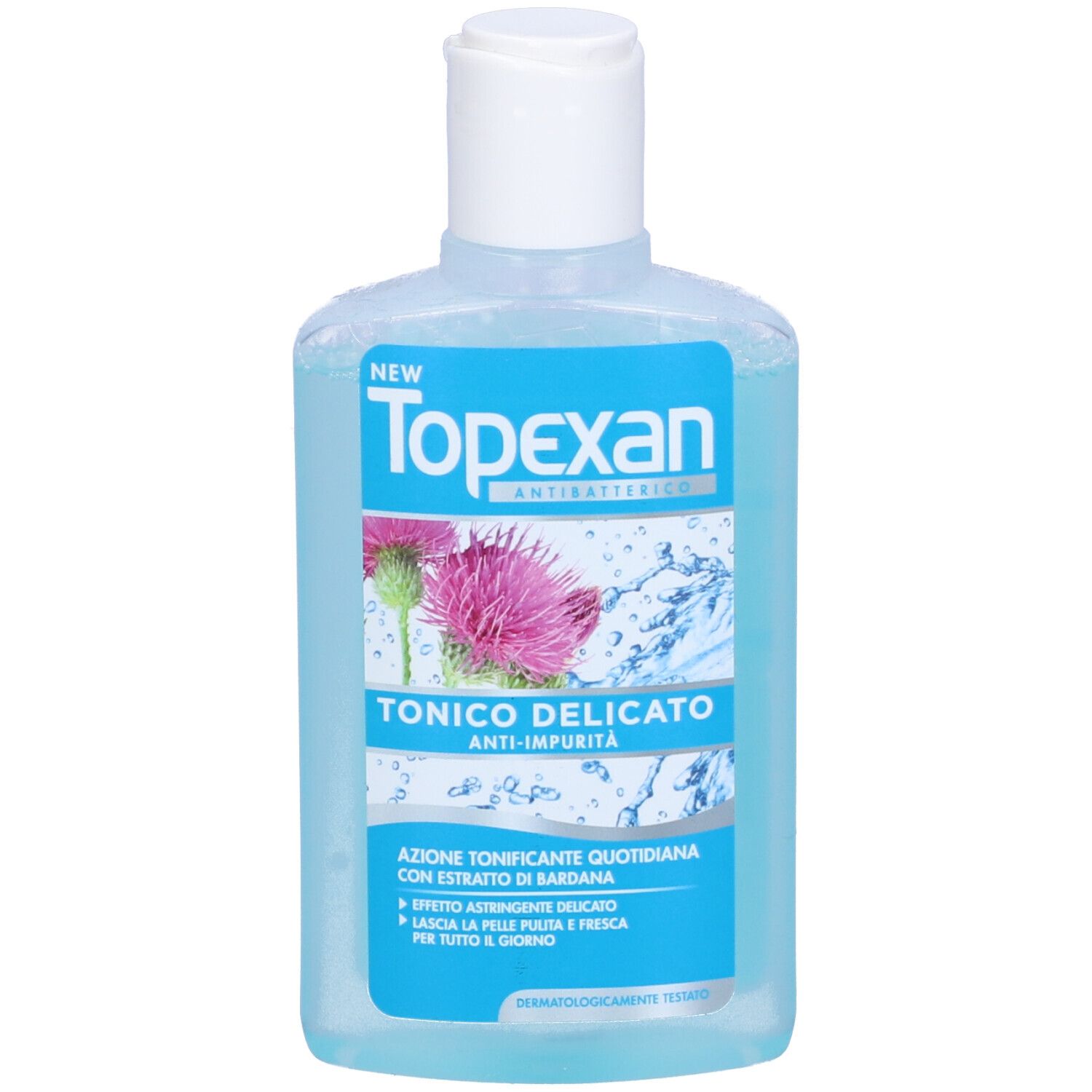 Flacone azzurro chiaro con tappo bianco. Scritta: TopExan, Tonico Delicato. Illustrazione di un fiore di cardo.