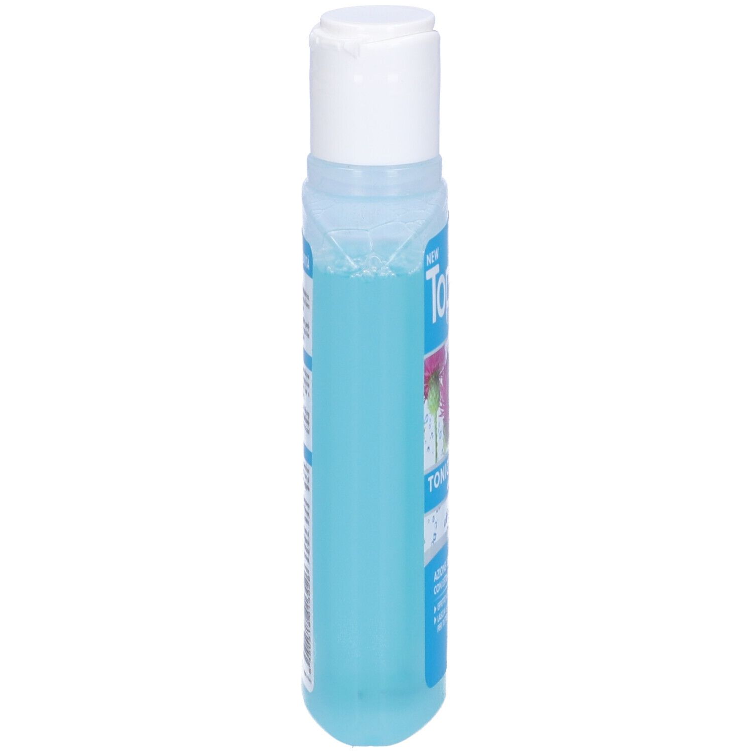 Flacone azzurro chiaro con tappo bianco, vista laterale. Scritta: TopExan, Tonico Delicato. Testo.