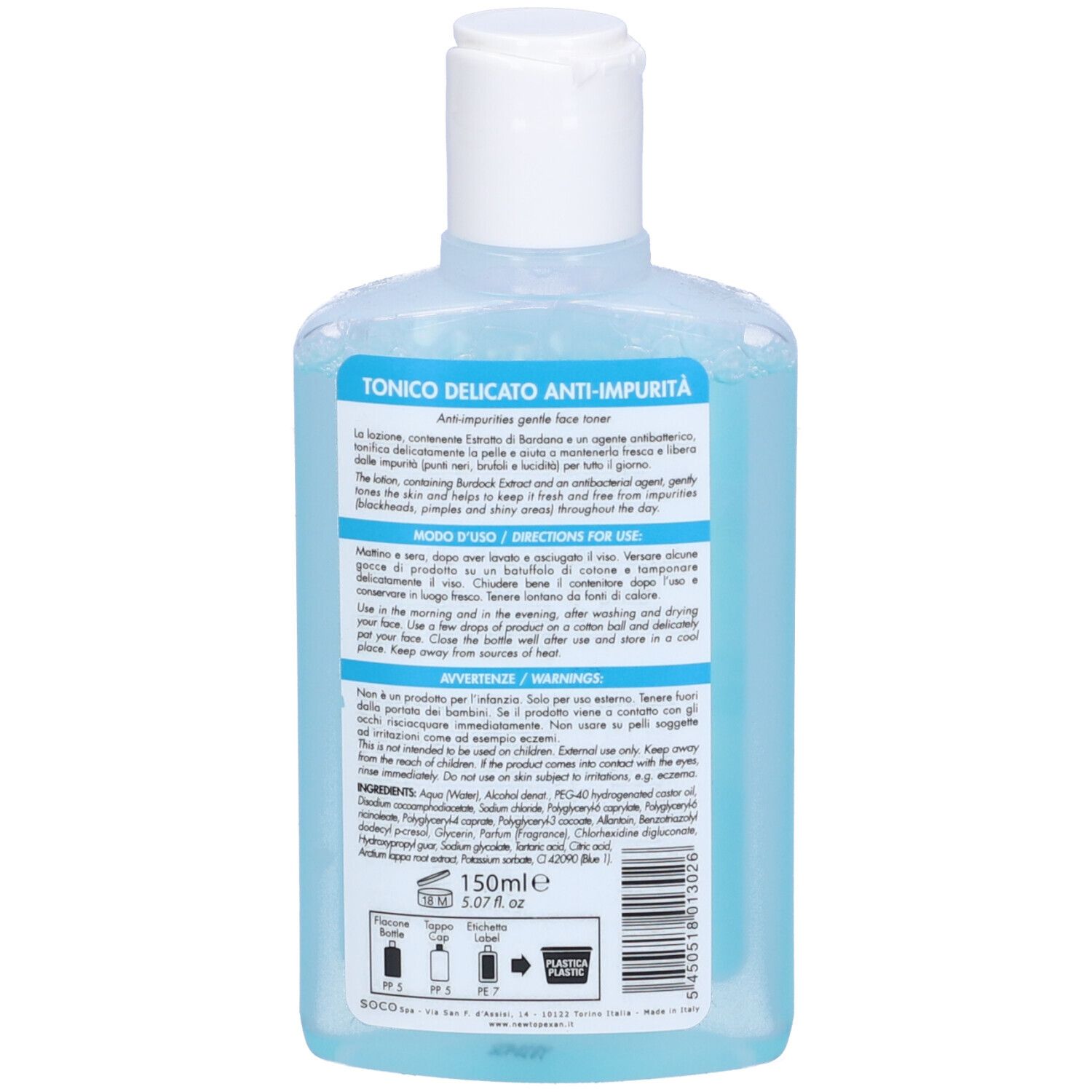 Retro di un flacone azzurro chiaro con tappo bianco. Testo e ingredienti. Scritta: TopExan, Tonico Delicato.