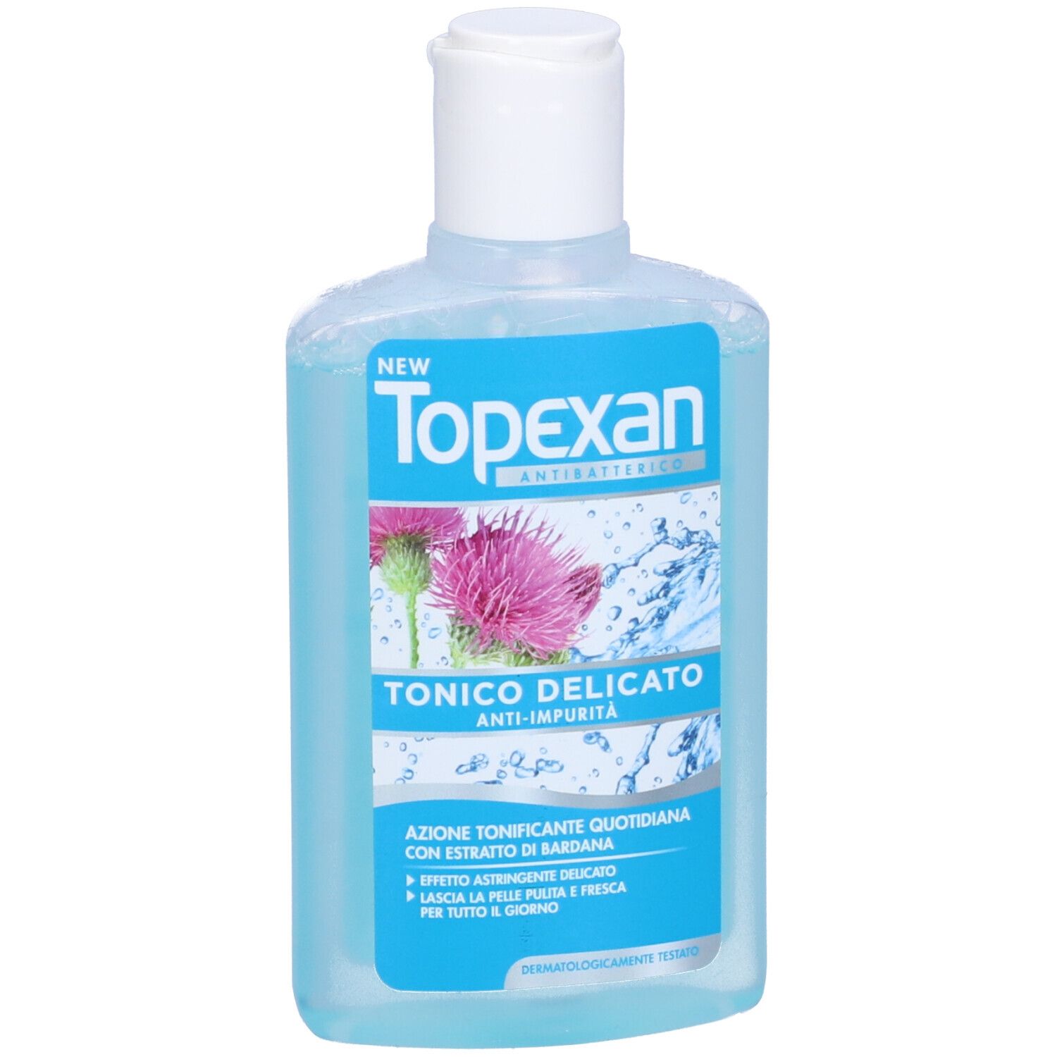 Flacone azzurro chiaro con tappo bianco. Scritta: TopExan, Tonico Delicato. Illustrazione di un fiore di cardo.