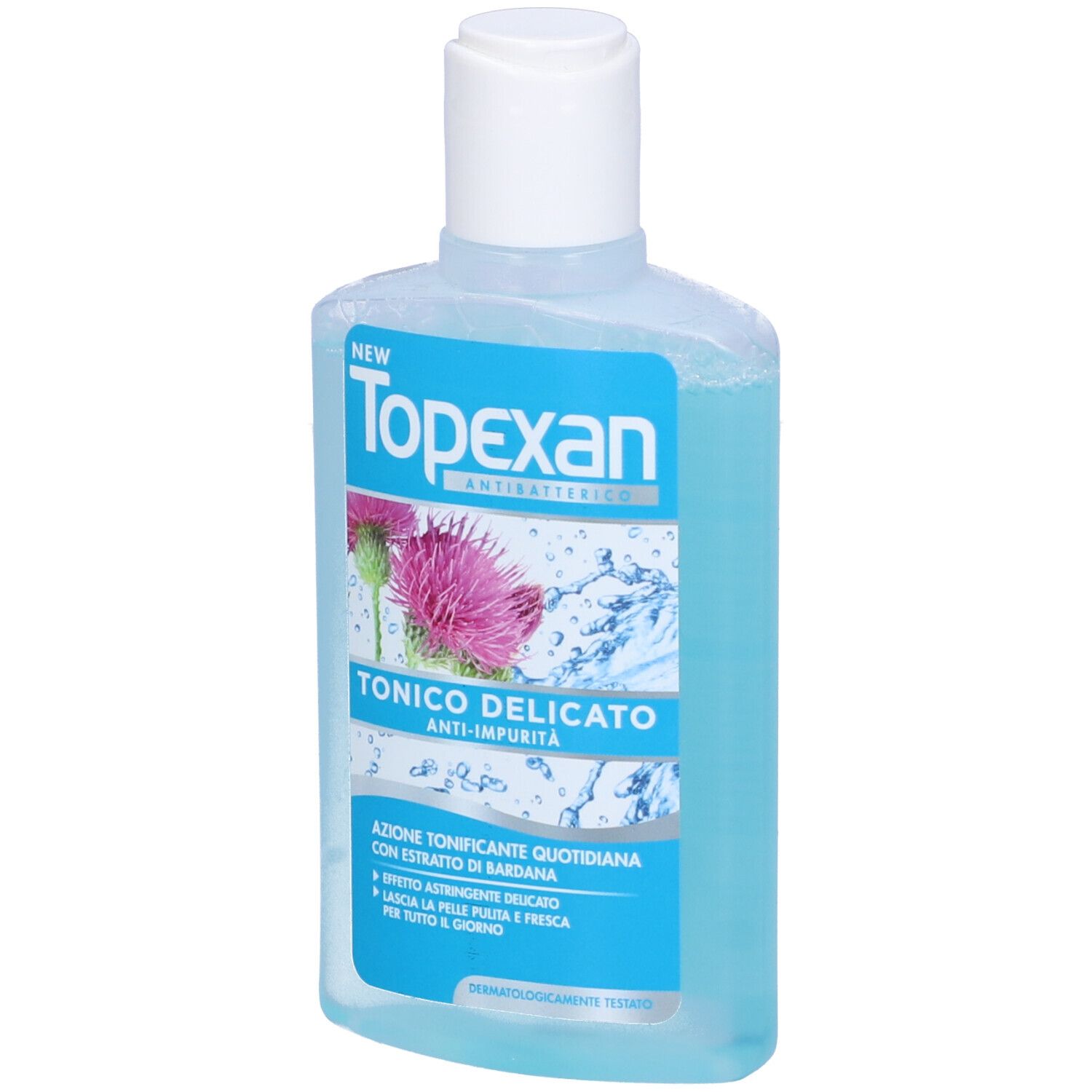 Flacone azzurro chiaro con tappo bianco. Scritta: TopExan, Tonico Delicato. Illustrazione di un fiore di cardo.