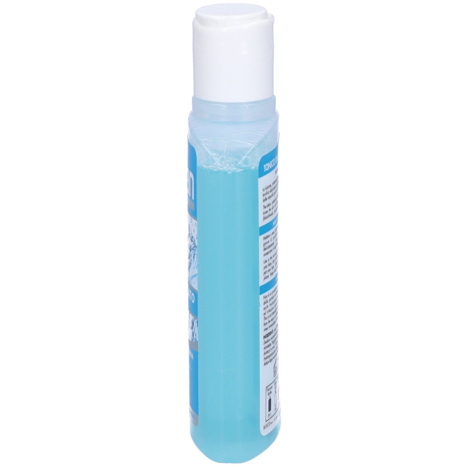 Flacone azzurro chiaro con tappo bianco, vista laterale. Scritta: TopExan, Tonico Delicato. Testo.