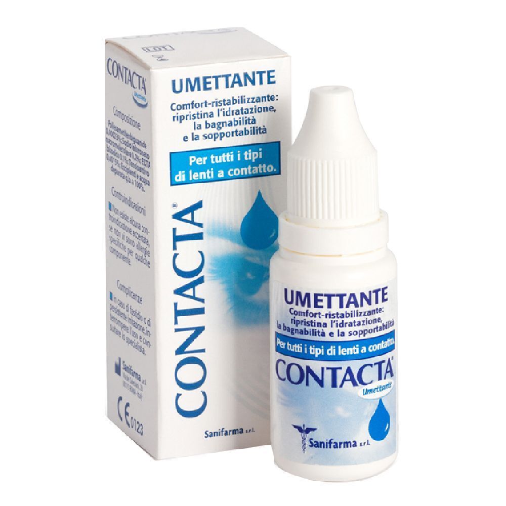 Kontaktlinsen-Benetzungslösung. Weiße Flasche und Schachtel mit Produktnamen und Logo. Enthält 15 ml.
