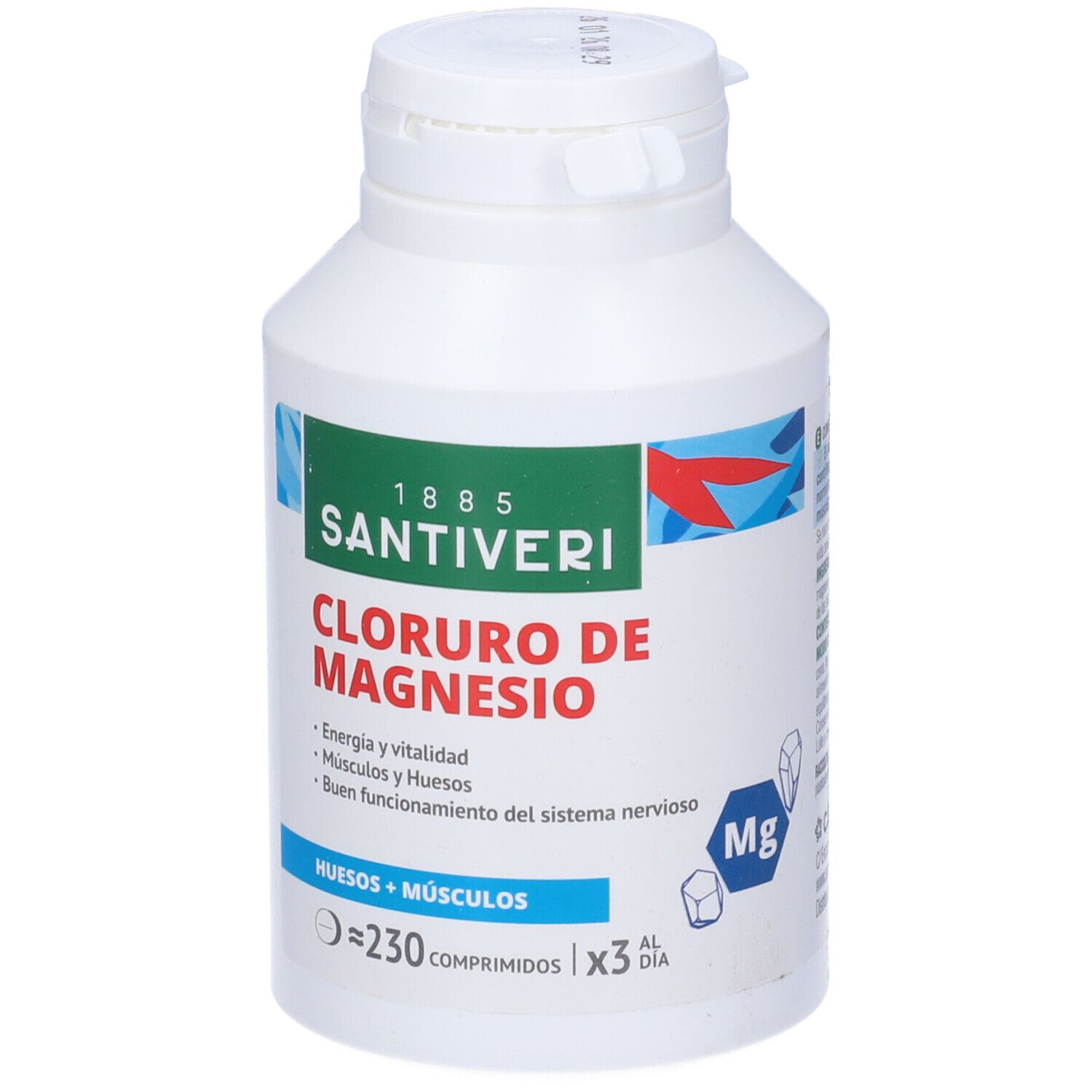Flacone bianco SANTIVERI. Scritta: Cloruro de Magnesio, 230 compresse. Tappo con chiusura di sicurezza.