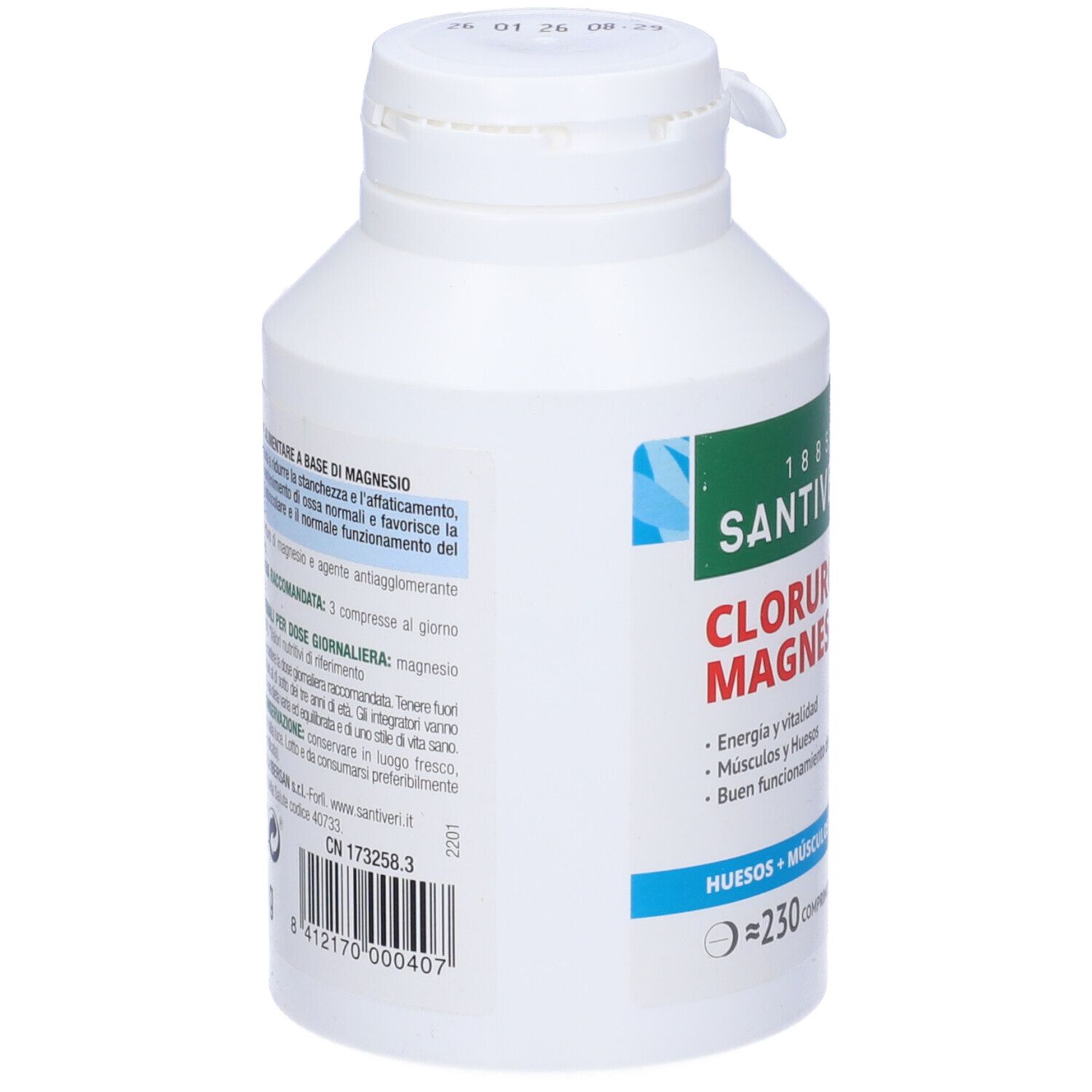 Flacone bianco SANTIVERI. Retro con testo e codice a barre. Tappo con chiusura di sicurezza.