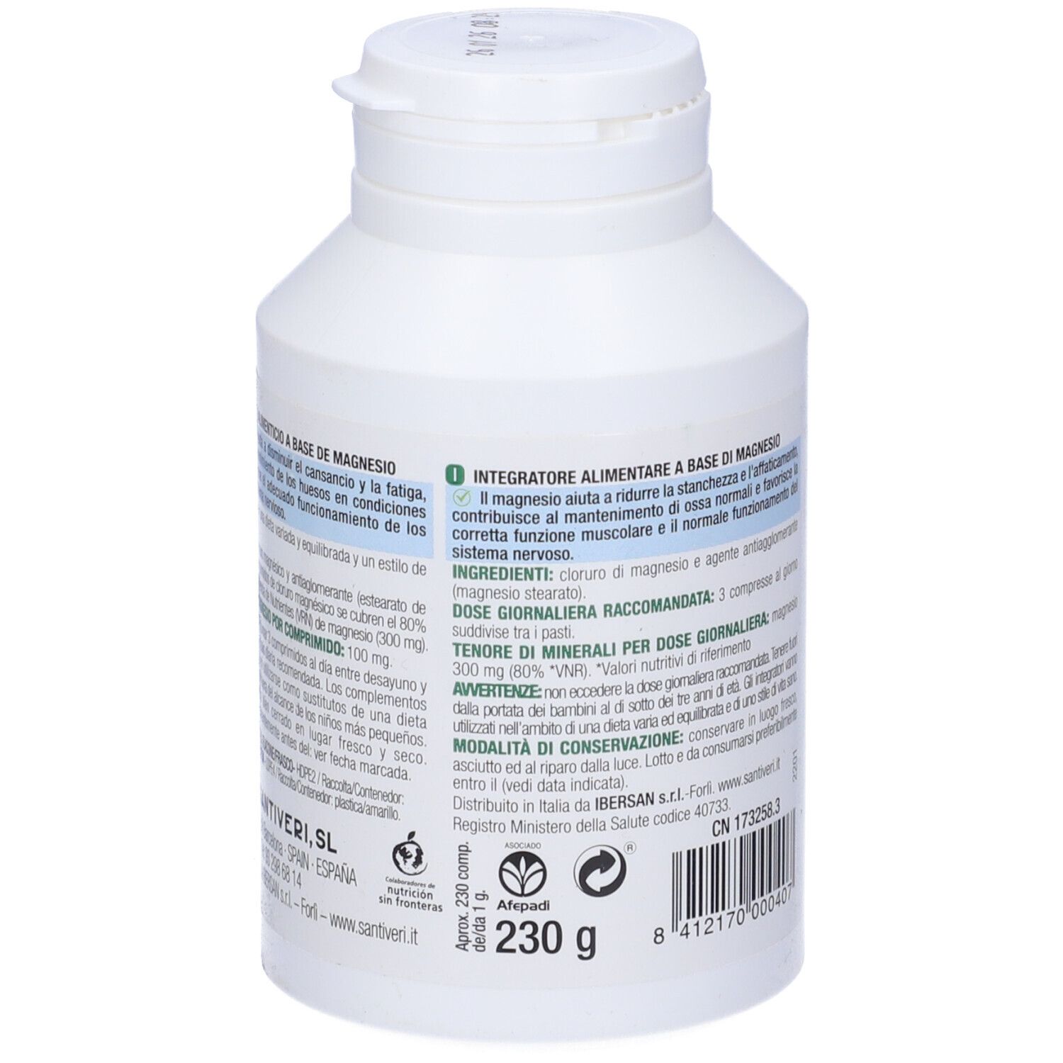 Flacone bianco SANTIVERI. Retro con testo, ingredienti e peso. Tappo con chiusura di sicurezza.