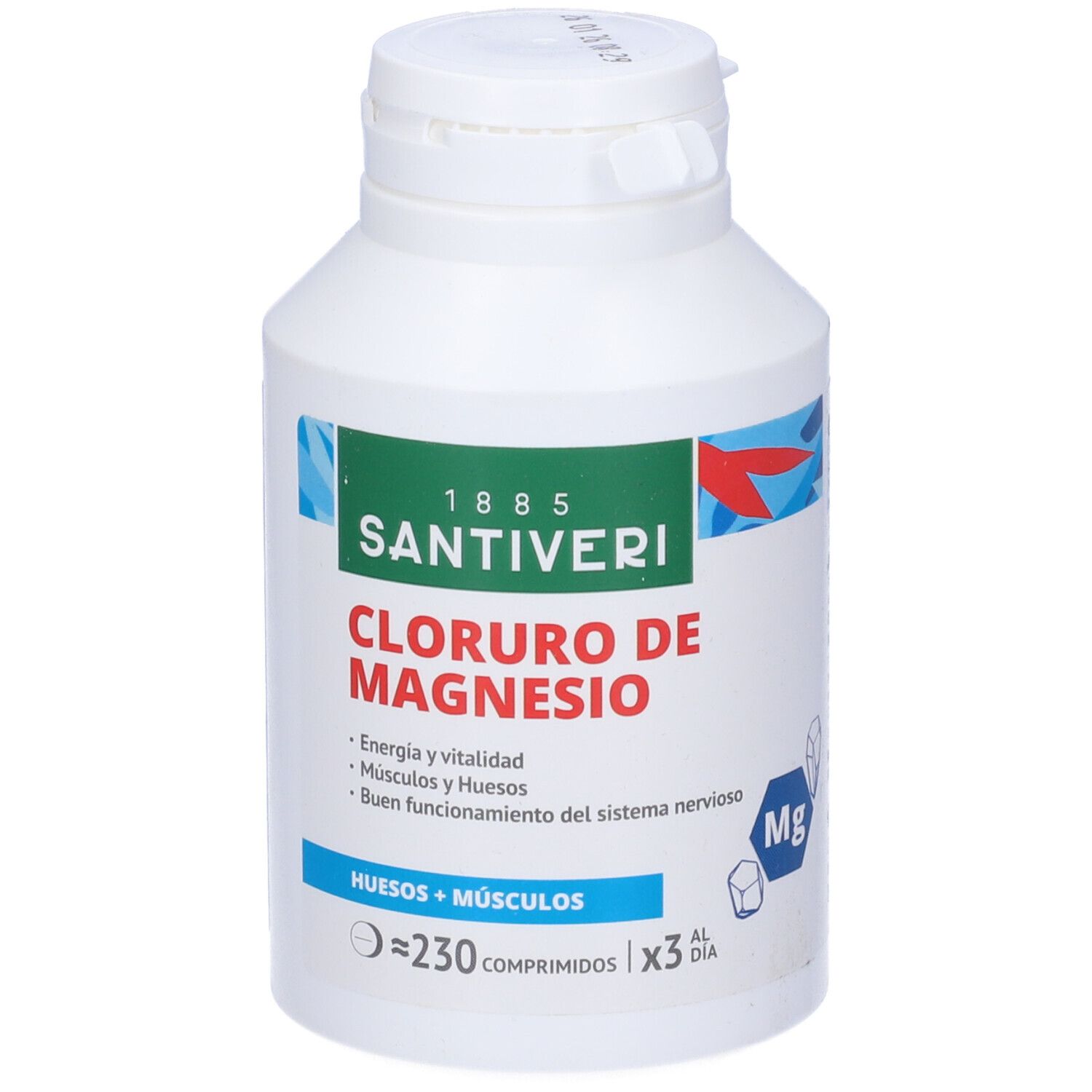 Flacone bianco SANTIVERI. Scritta: Cloruro de Magnesio, 230 compresse. Tappo con chiusura di sicurezza.