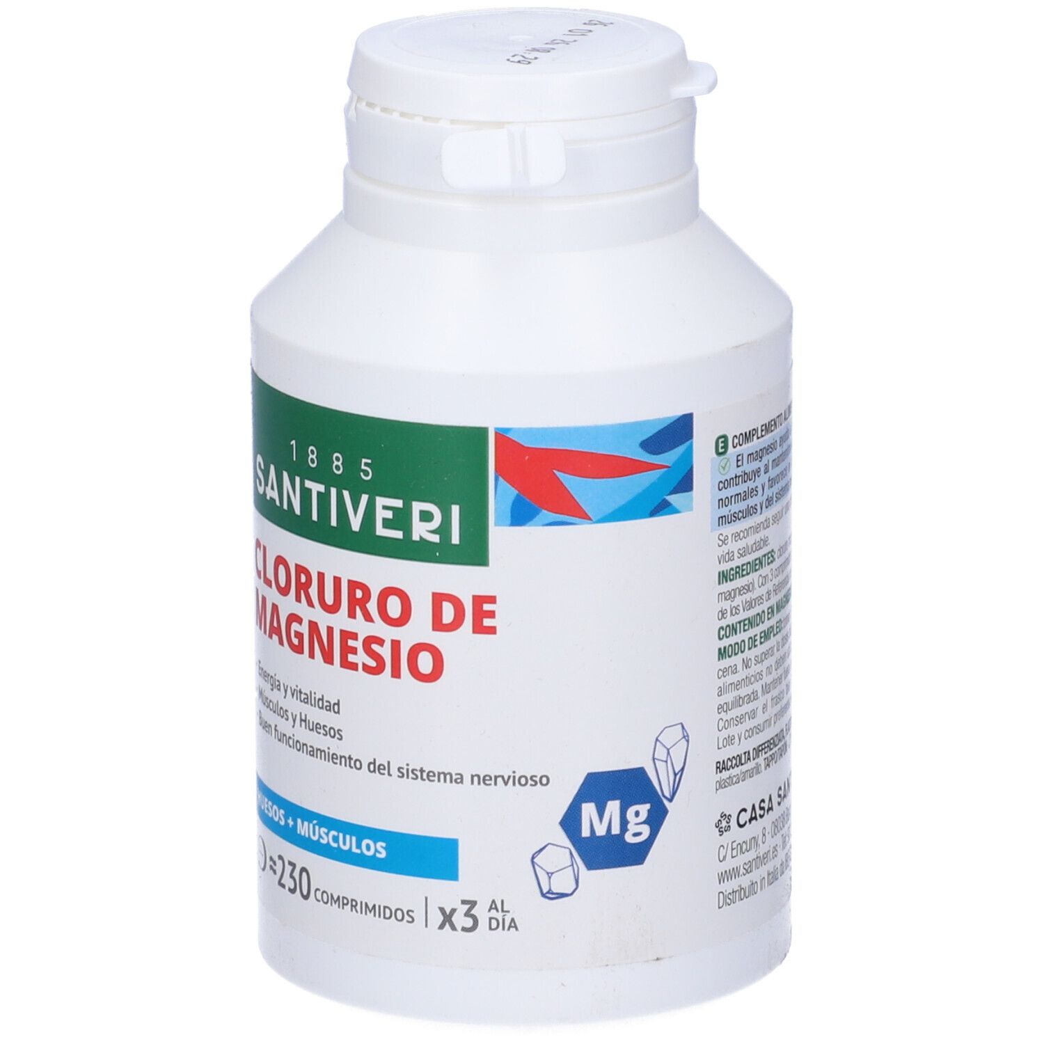 Flacone bianco SANTIVERI. Scritta: Cloruro de Magnesio, 230 compresse. Tappo con chiusura di sicurezza.