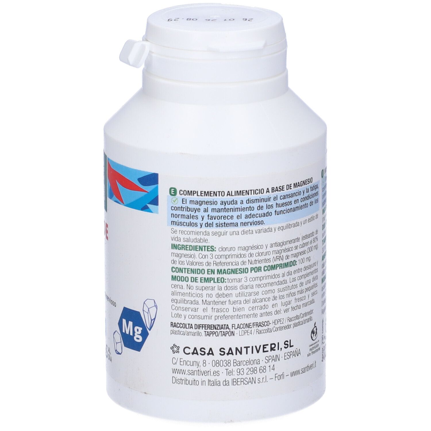 Flacone bianco SANTIVERI. Retro con testo, ingredienti e produttore. Tappo con chiusura di sicurezza.