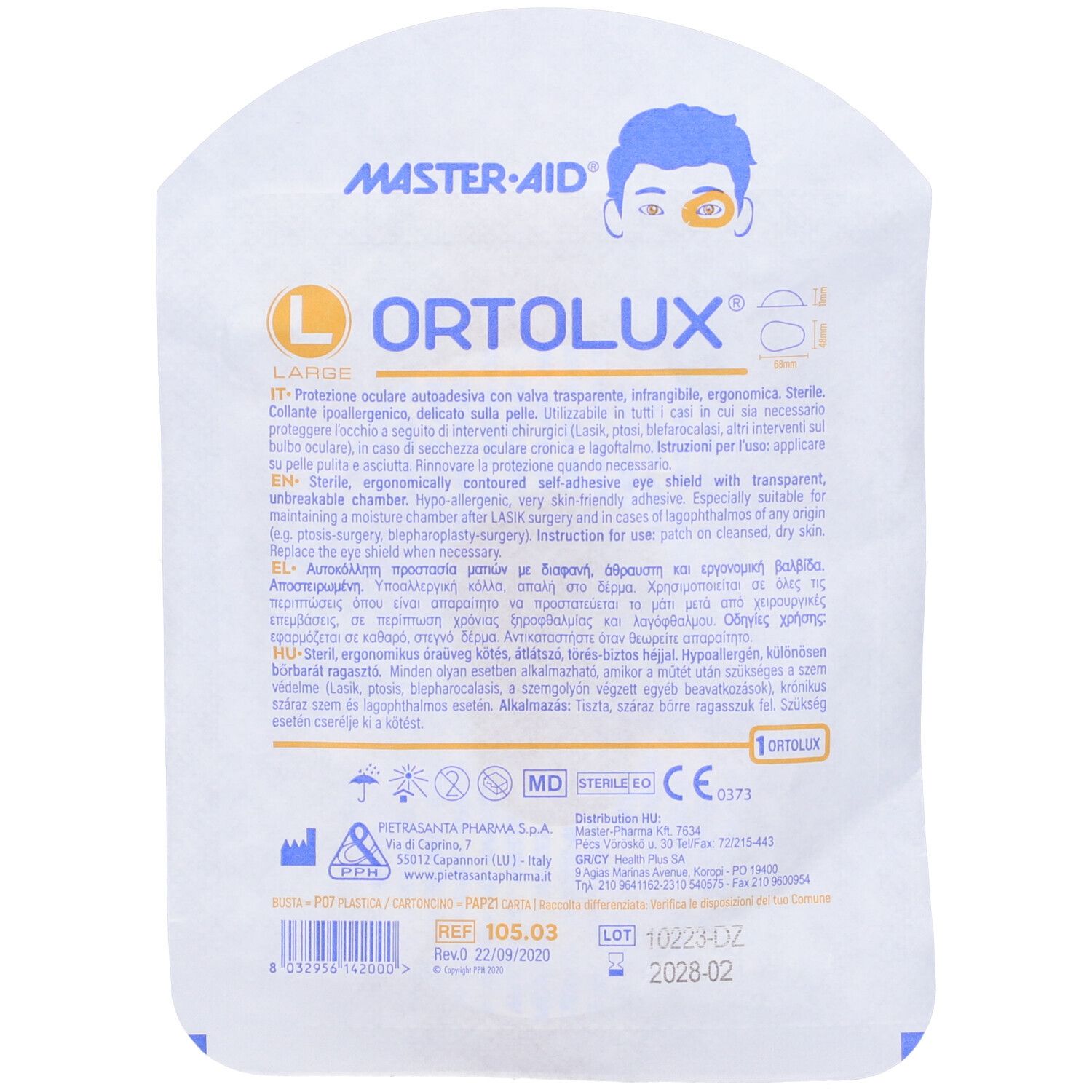 Confezione di protezione oculare autoadesiva. Scritta "L" e "ORTOLUX". Testo multilingue. Marchio: MASTER-AID. Con marchio CE.
