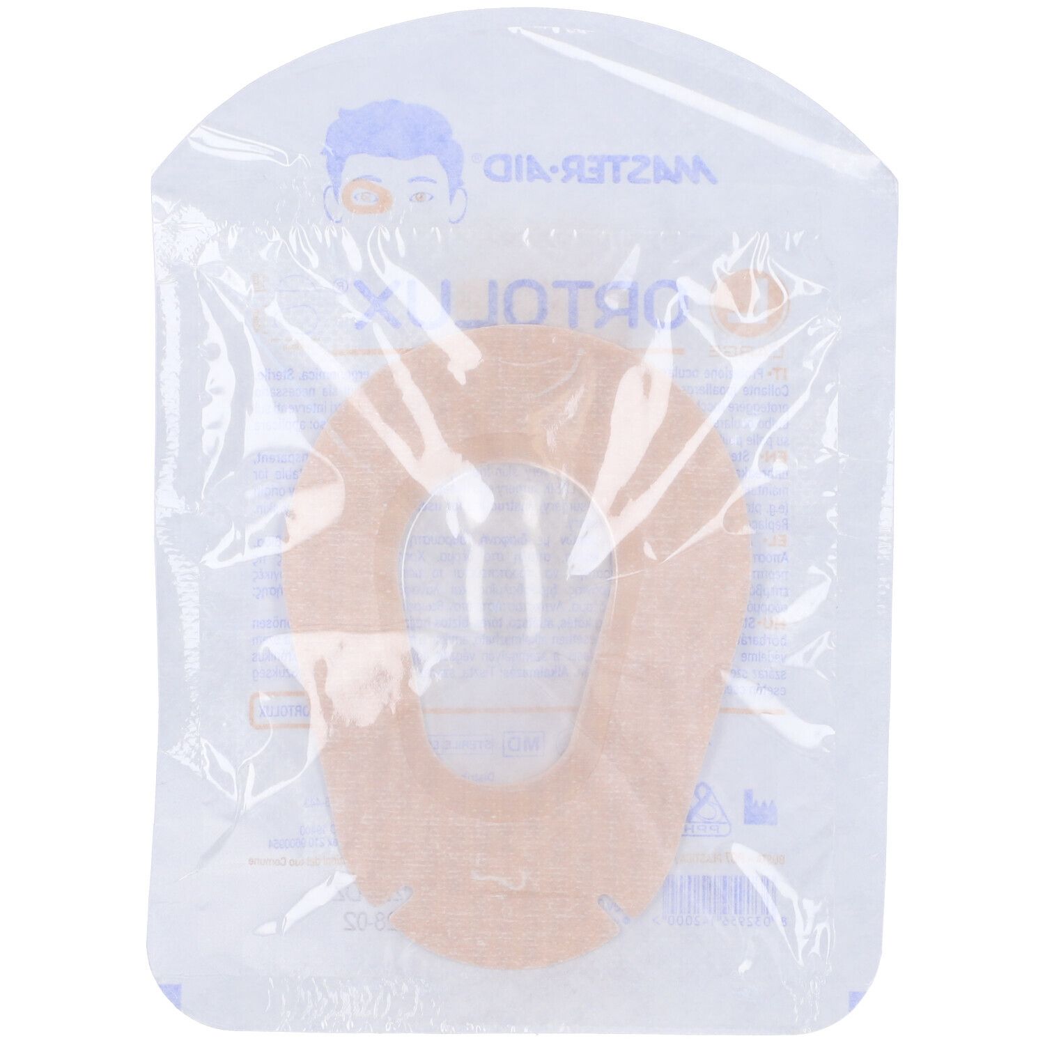 Protezione oculare trasparente e autoadesiva. Forma rotonda con apertura. Confezionata in plastica. Marchio: MASTER-AID.