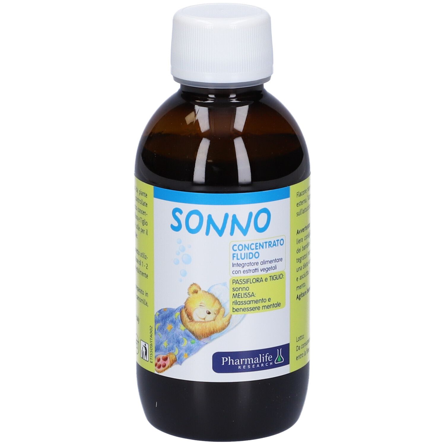Flacone marrone con tappo bianco. Scritta SONNO. Prodotto Pharmalife. Con informazioni.