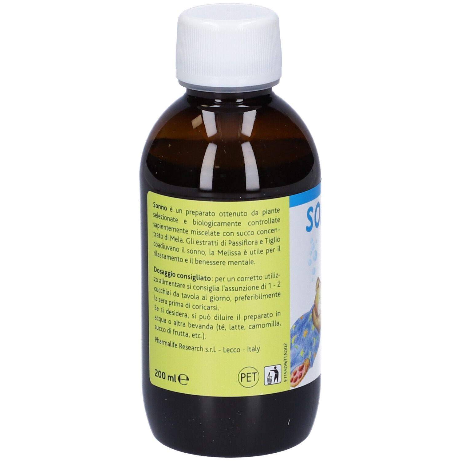 Flacone marrone con tappo bianco. Scritta SONNO. Prodotto Pharmalife. Con informazioni.