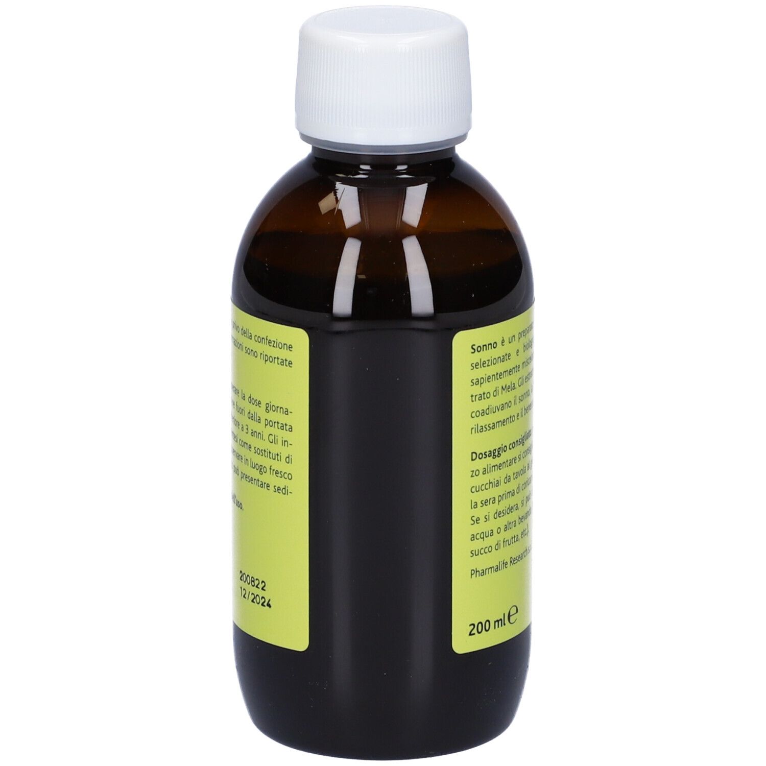 Flacone marrone con tappo bianco. Scritta SONNO. Prodotto Pharmalife. Con informazioni.