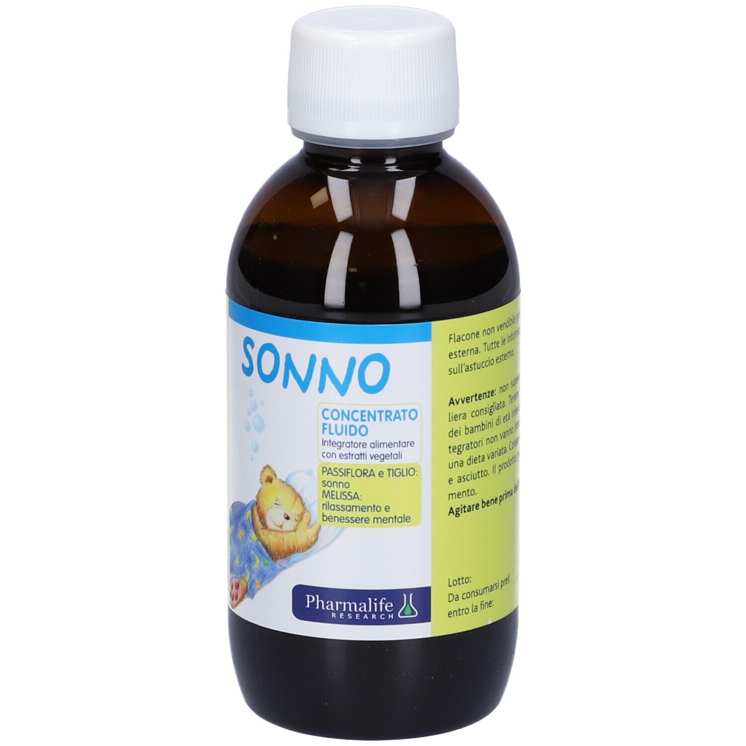 Flacone marrone con tappo bianco. Scritta SONNO. Prodotto Pharmalife. Con informazioni.