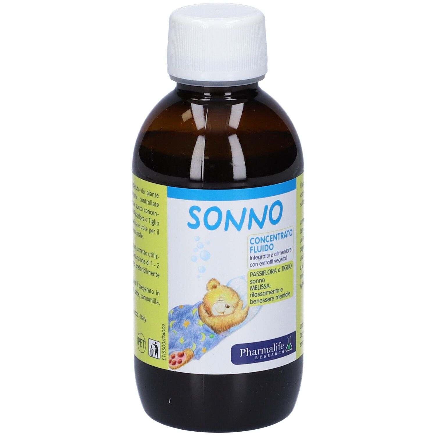 Flacone marrone con tappo bianco. Scritta SONNO. Prodotto Pharmalife. Con informazioni.