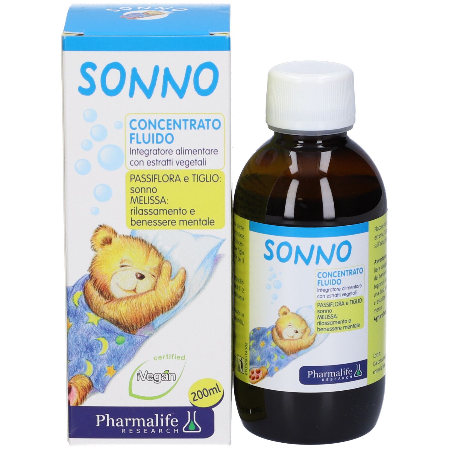 Flacone e confezione. Scritta SONNO. Prodotto Pharmalife. Con informazioni e logo.