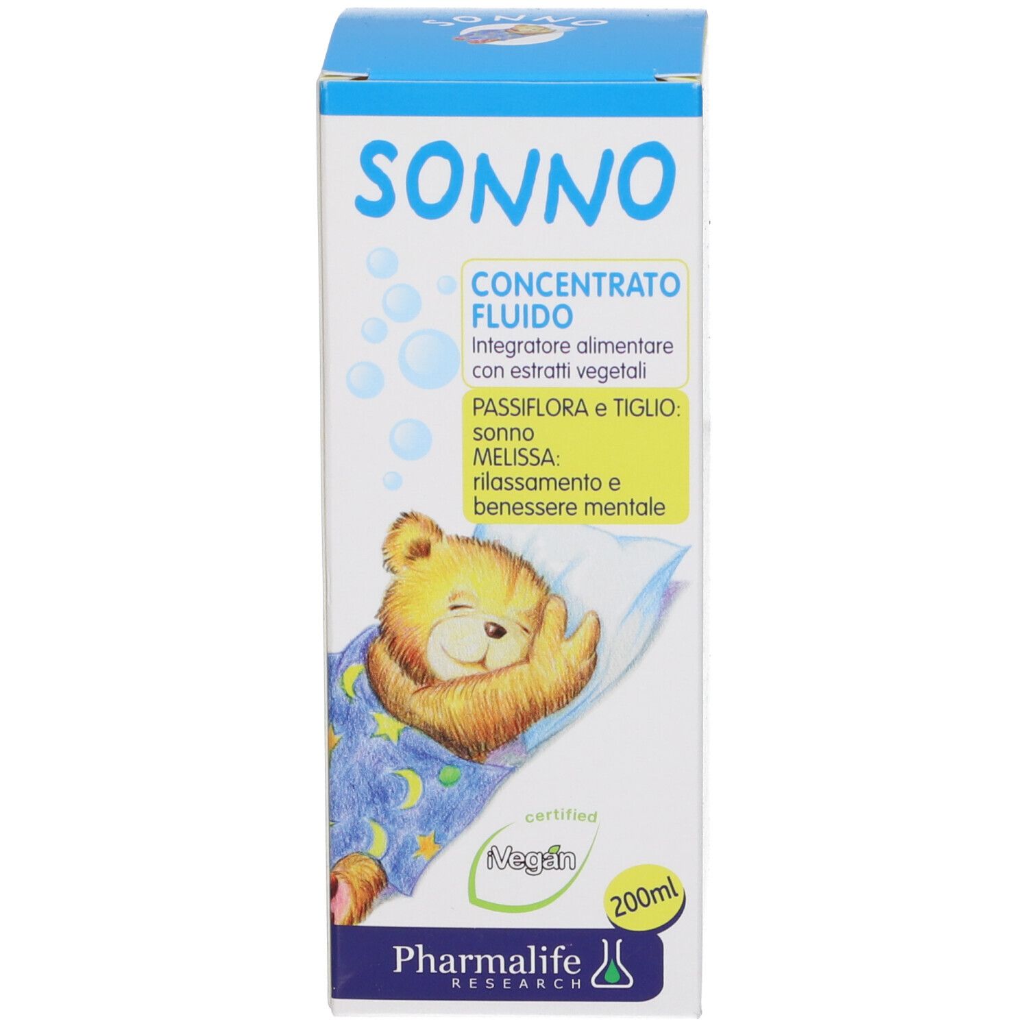 Confezione. Scritta SONNO. Prodotto Pharmalife. Con informazioni e logo.