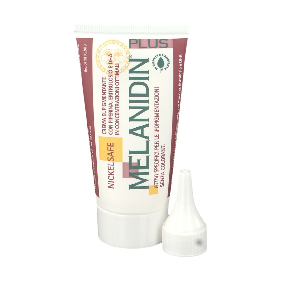 Weiße Creme-Tube mit Aufschrift: Melanidin Plus, Nickel Safe. Mit abgenommenem Applikator-Aufsatz.