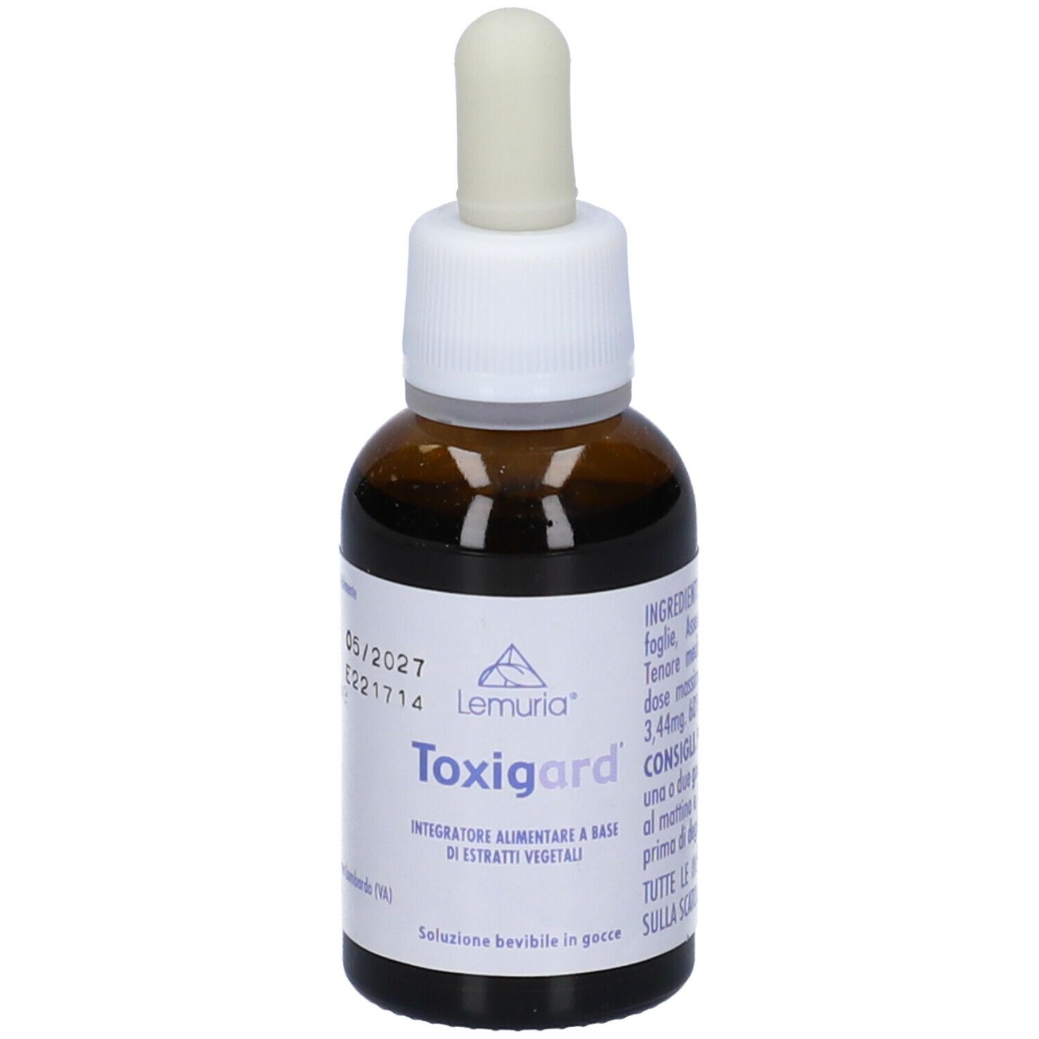Flacone di vetro marrone con contagocce. Adesivo con testo: Toxigard, logo Lemuria. Tappo bianco.