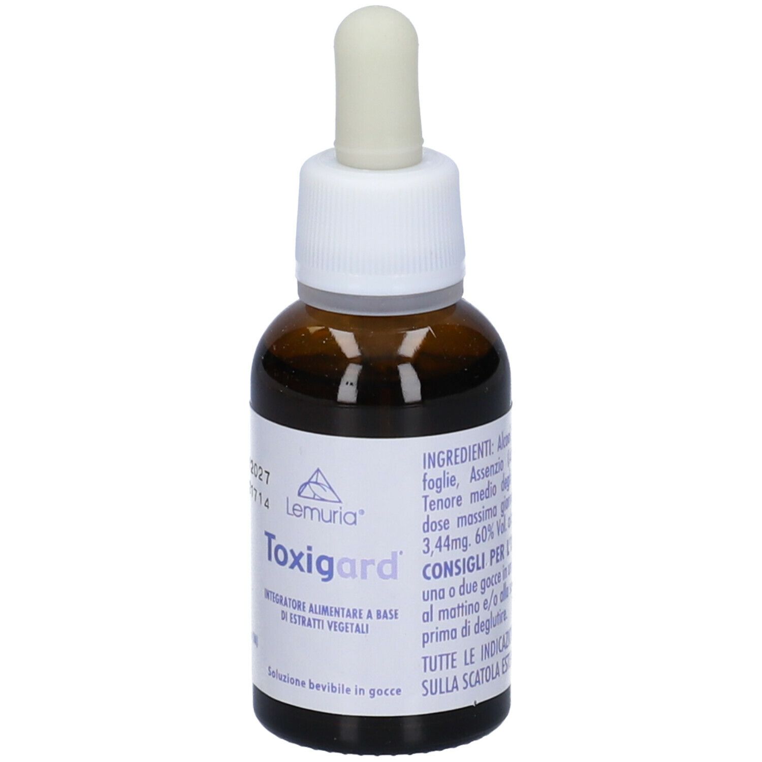 Flacone di vetro marrone con contagocce. Adesivo con testo: Toxigard, logo Lemuria. Tappo bianco.