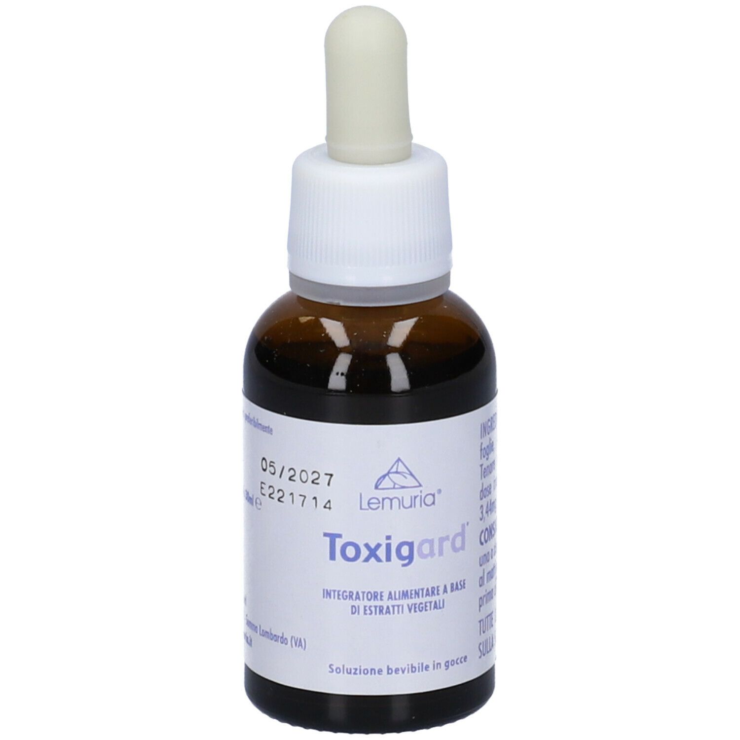 Flacone di vetro marrone con contagocce. Adesivo con testo: Toxigard, logo Lemuria. Tappo bianco.