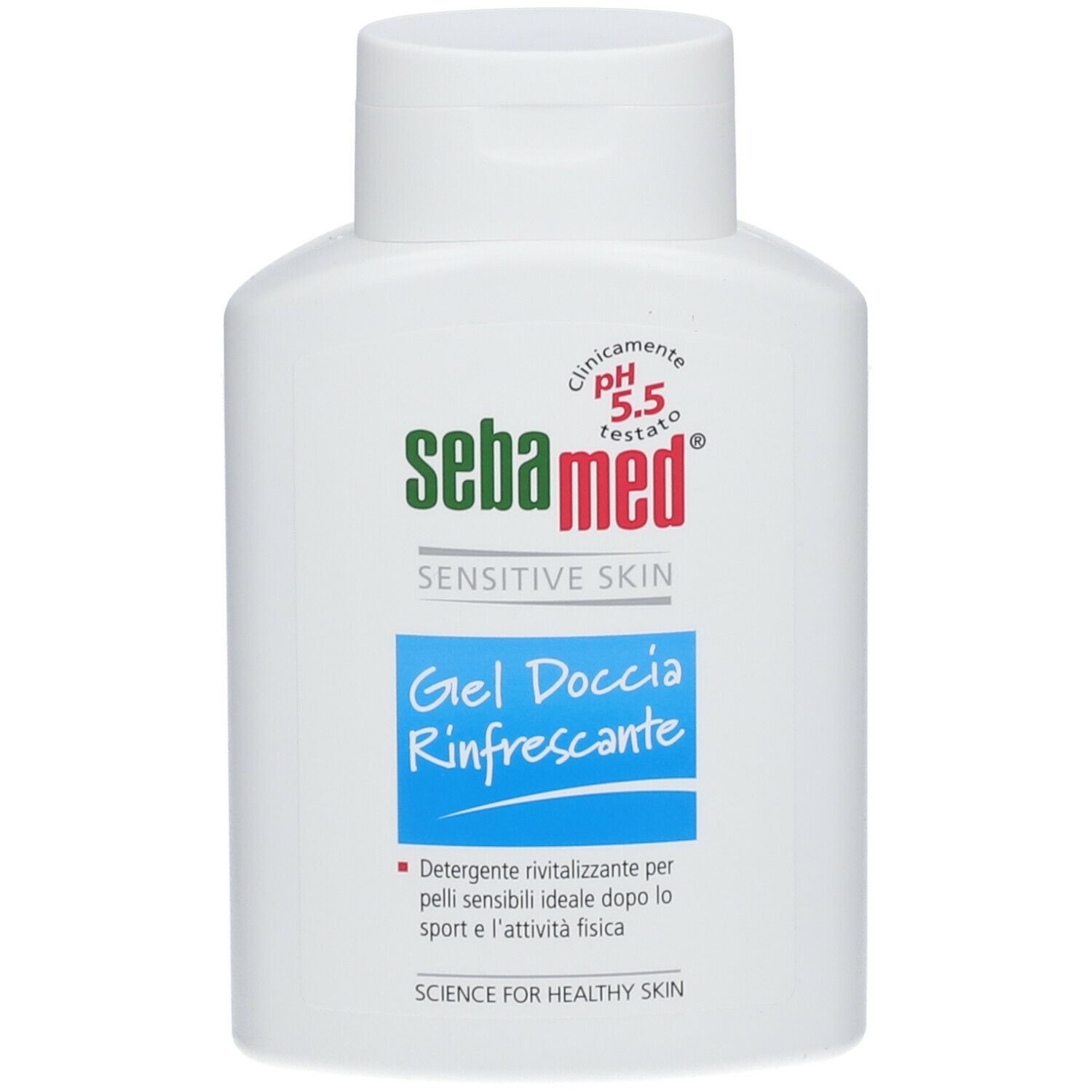 Flacone bianco con logo verde e rosso. Scritta: Sebamed Sensitive Skin Gel Doccia Rinfrescante. pH 5.5.