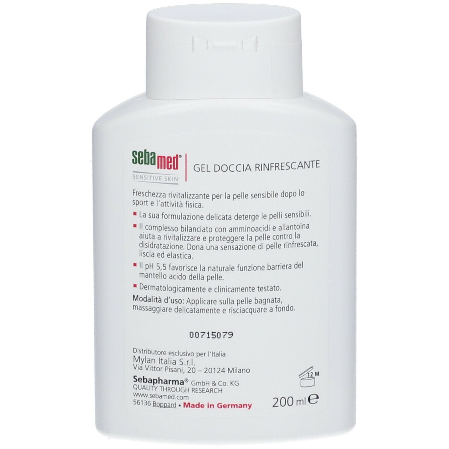 Retro del flacone bianco. Testo in italiano. Scritta: Sebamed, Gel Doccia Rinfrescante, 200 ml.