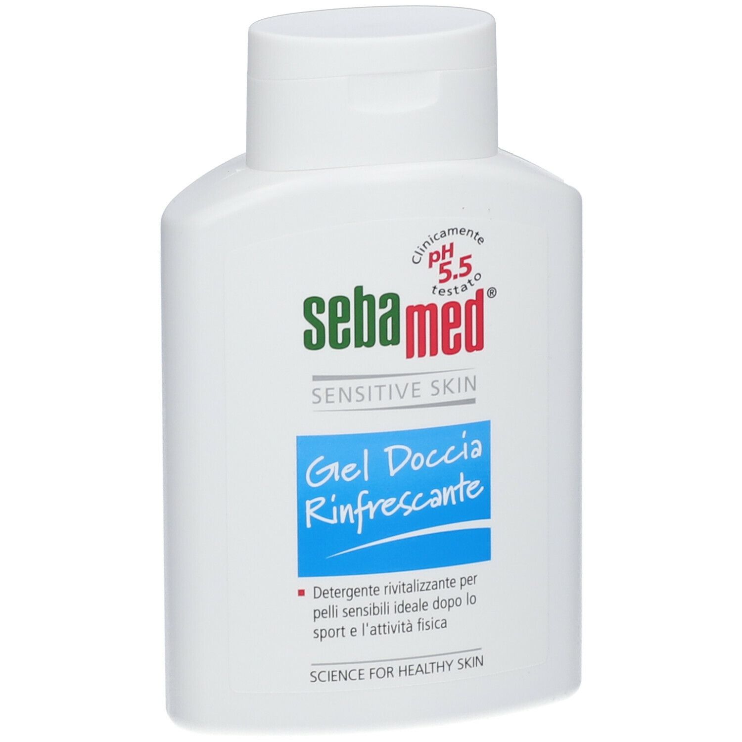 Flacone bianco con logo verde e rosso. Scritta: Sebamed Sensitive Skin Gel Doccia Rinfrescante. pH 5.5.