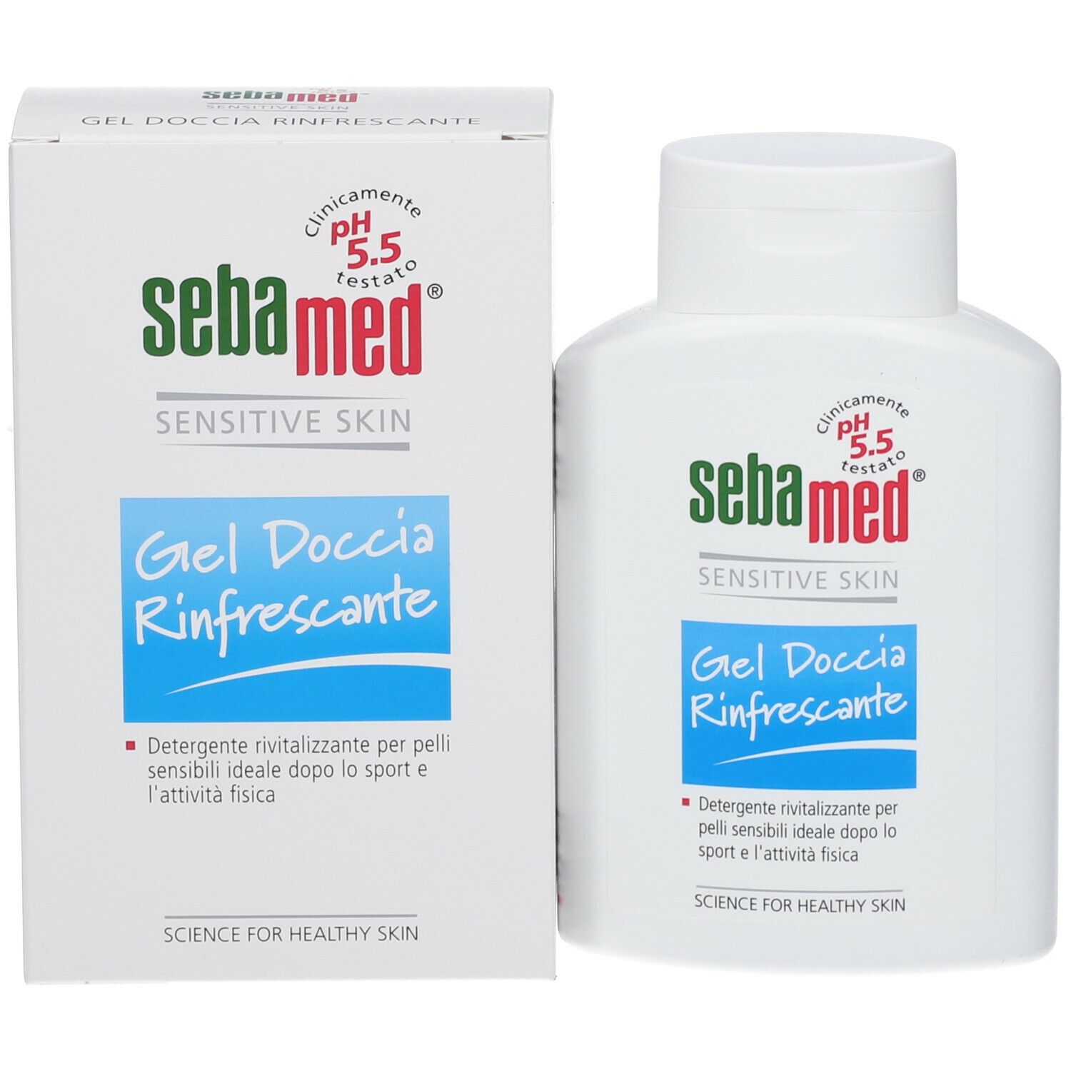 Confezione e flacone. Scritta: Sebamed Sensitive Skin Gel Doccia Rinfrescante. pH 5.5.