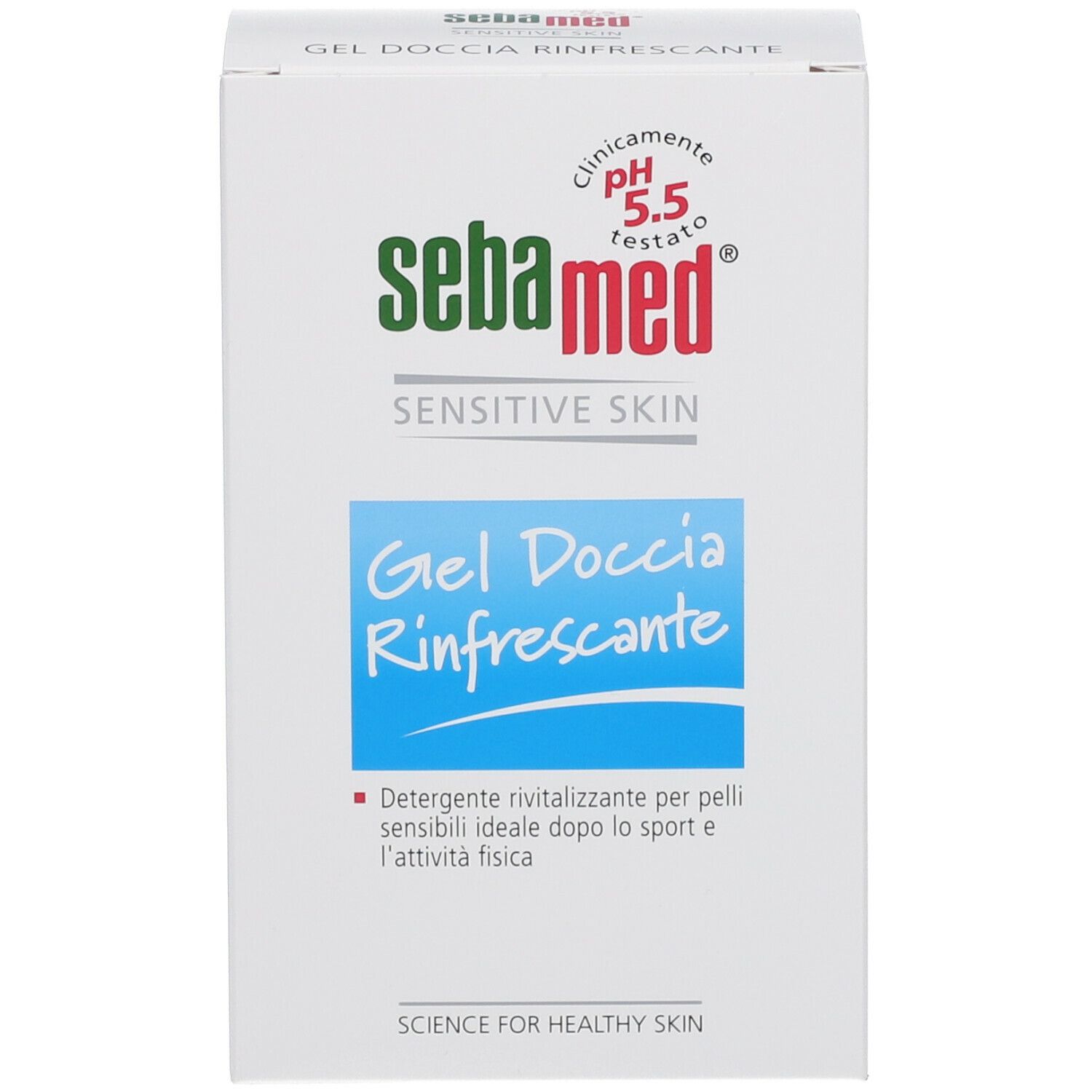 Confezione del prodotto. Scritta: Sebamed Sensitive Skin Gel Doccia Rinfrescante. pH 5.5.
