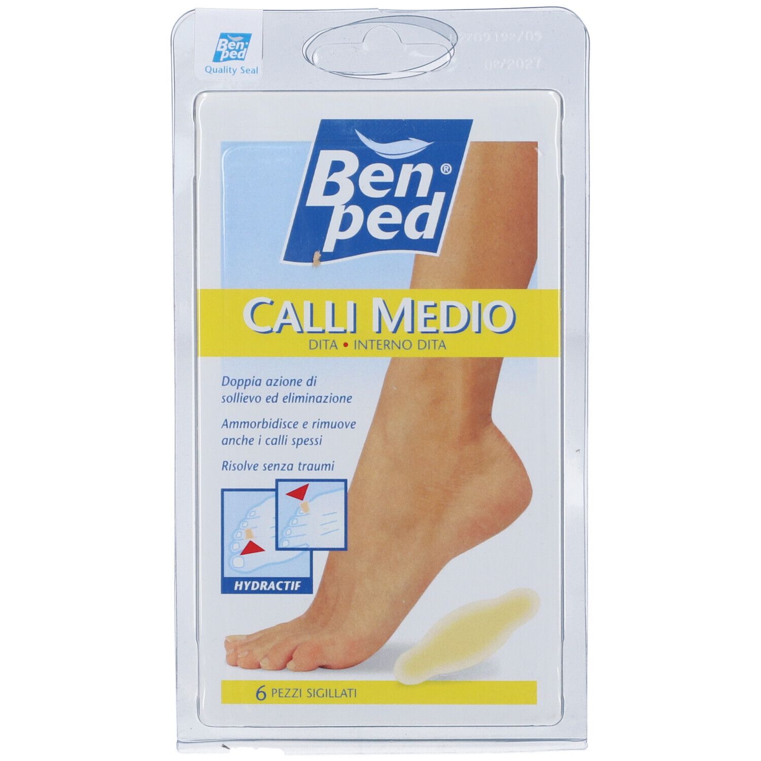 Benped Calli Medio in blister. Nome del prodotto, immagine del piede, adesivi gialli. 6 pezzi.