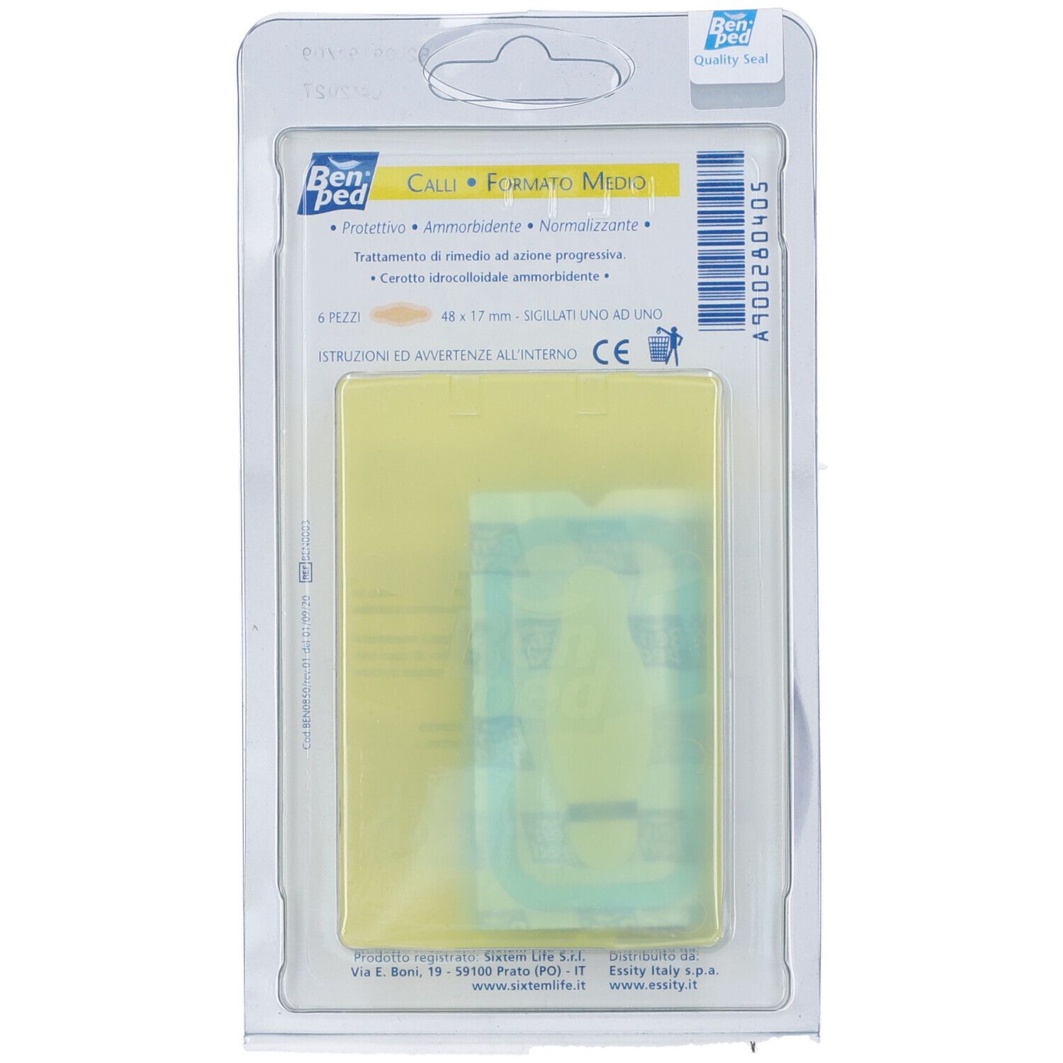 Retro della confezione blister Benped Calli Medio. Nome del prodotto, testo, adesivi gialli. 6 pezzi.