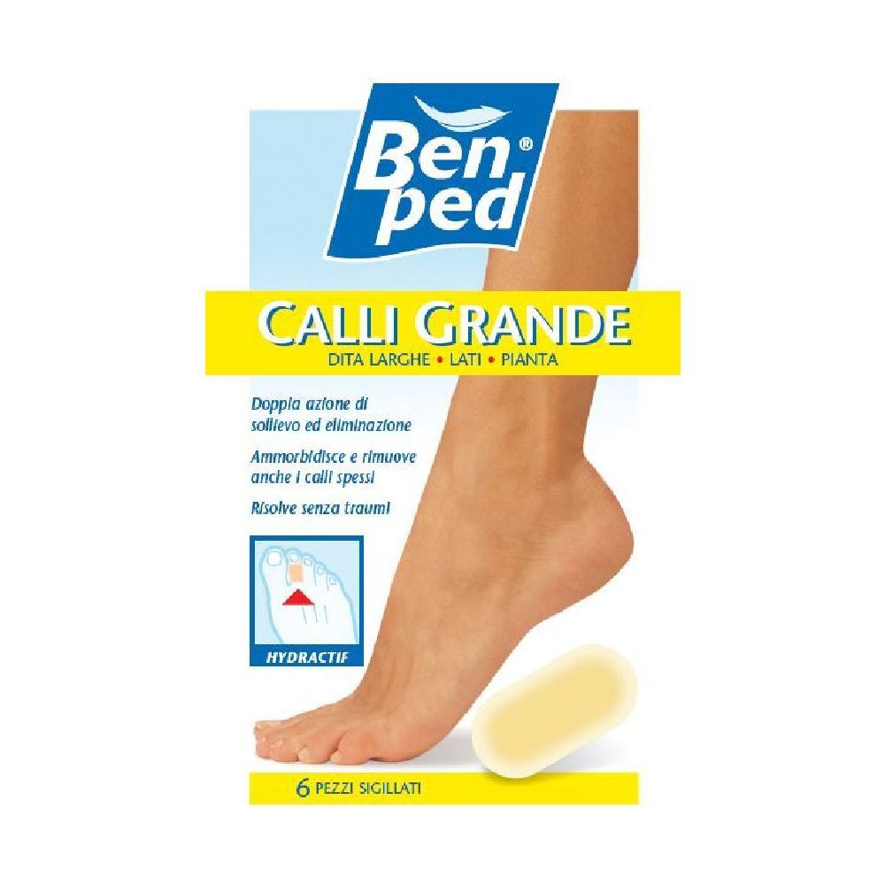 Confezione di cerotti per piedi. Scritta: Benped, Calli Grande. Piede con cerotto, cerotto giallo accanto. 6 cerotti sigillati.
