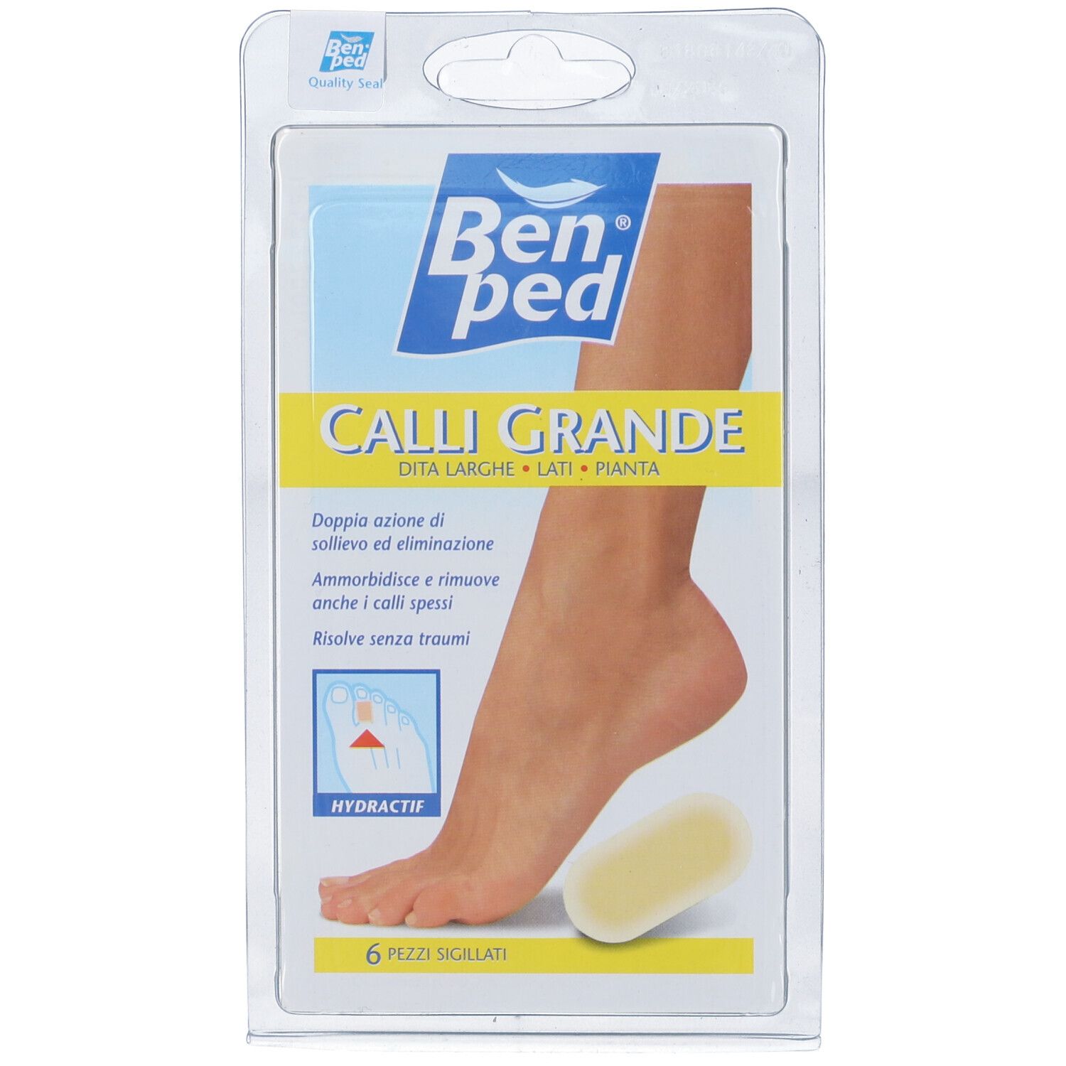 Confezione di cerotti per piedi. Scritta: Benped, Calli Grande. Piede con cerotto, cerotto giallo accanto. 6 cerotti sigillati.
