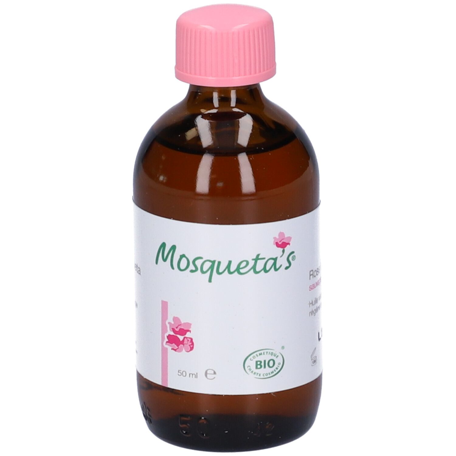 Flacone di vetro marrone con tappo rosa. Etichetta con testo e logo. Certificazione bio.