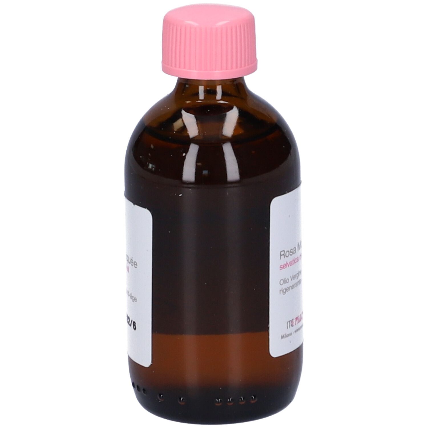 Flacone di vetro marrone con tappo rosa. Etichetta con testo. Certificazione bio.