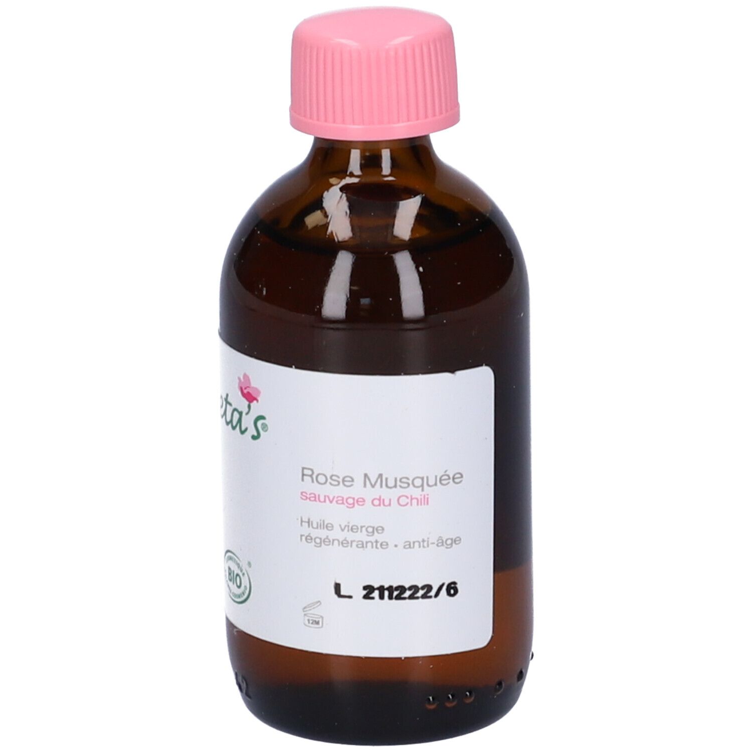 Flacone di vetro marrone con tappo rosa. Etichetta con testo. Certificazione bio.