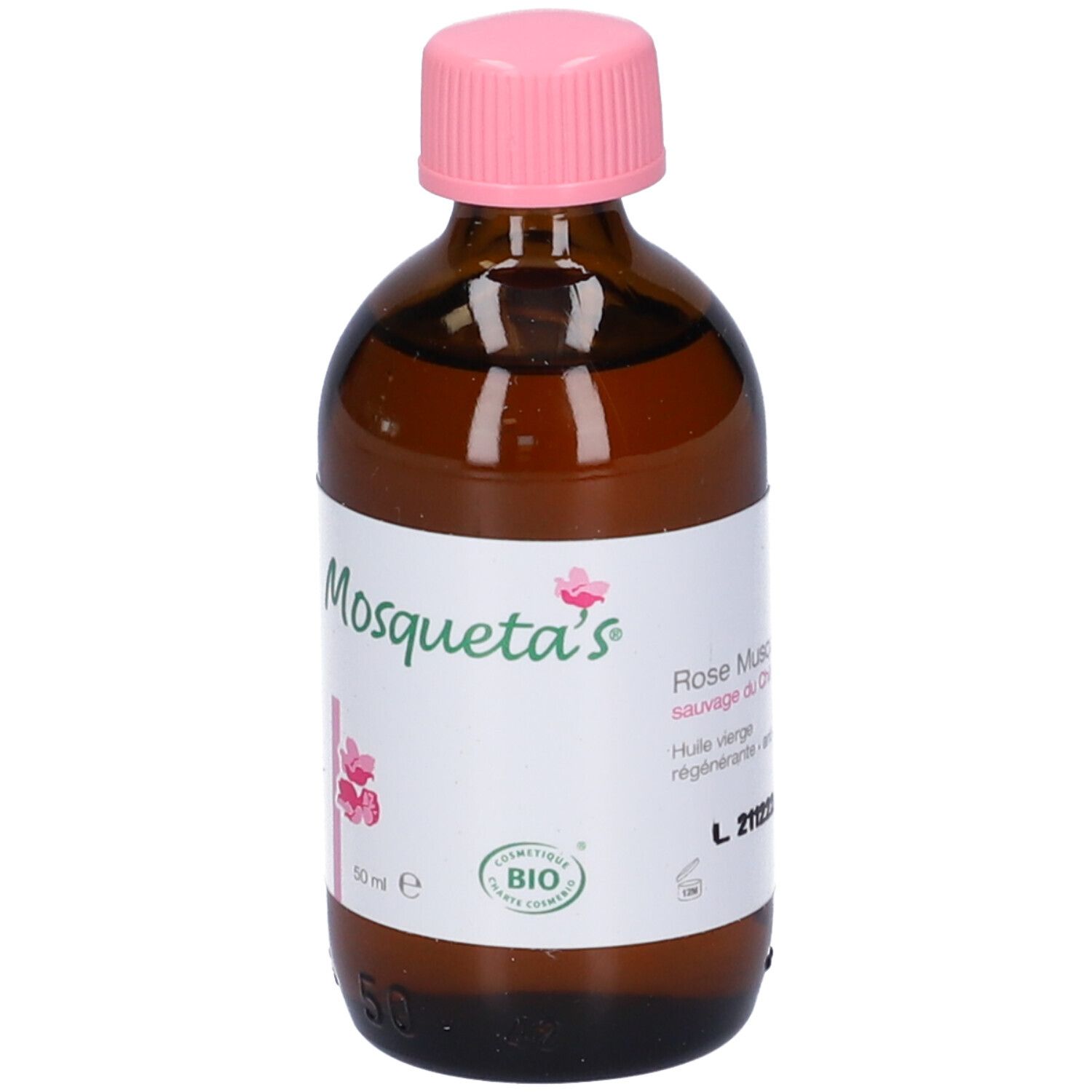 Flacone di vetro marrone con tappo rosa. Etichetta con testo. Certificazione bio.