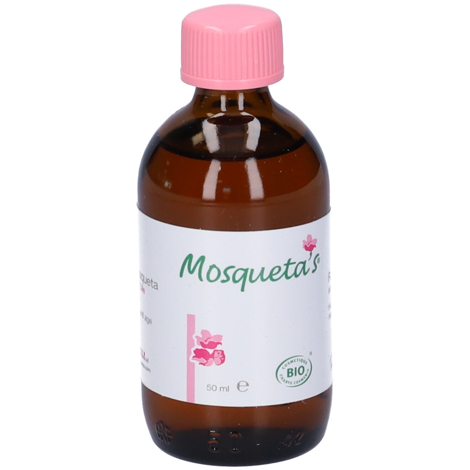 Flacone di vetro marrone con tappo rosa. Etichetta con testo. Certificazione bio.