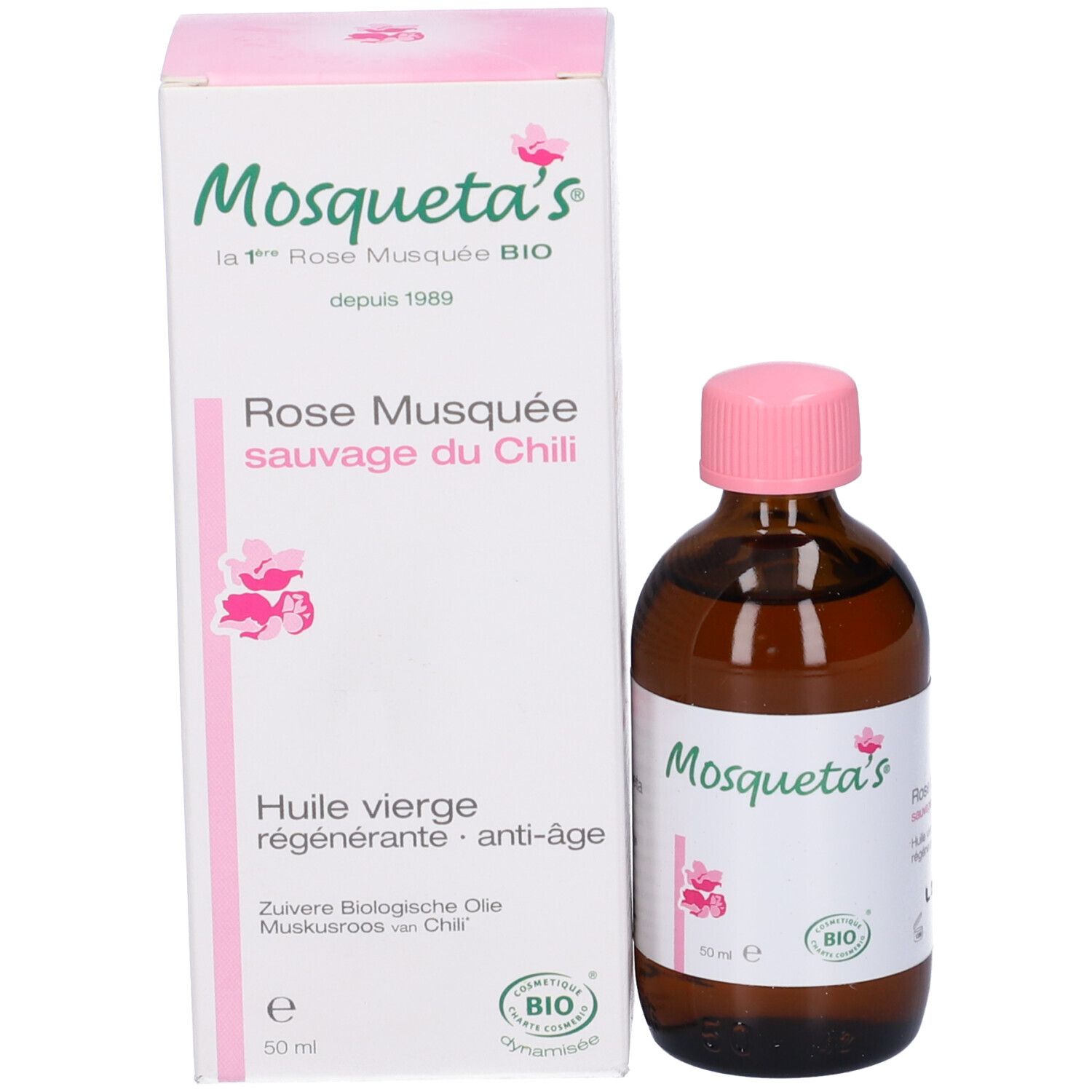 Flacone di vetro marrone con tappo rosa e confezione. Etichetta con testo e logo. Certificazione bio.