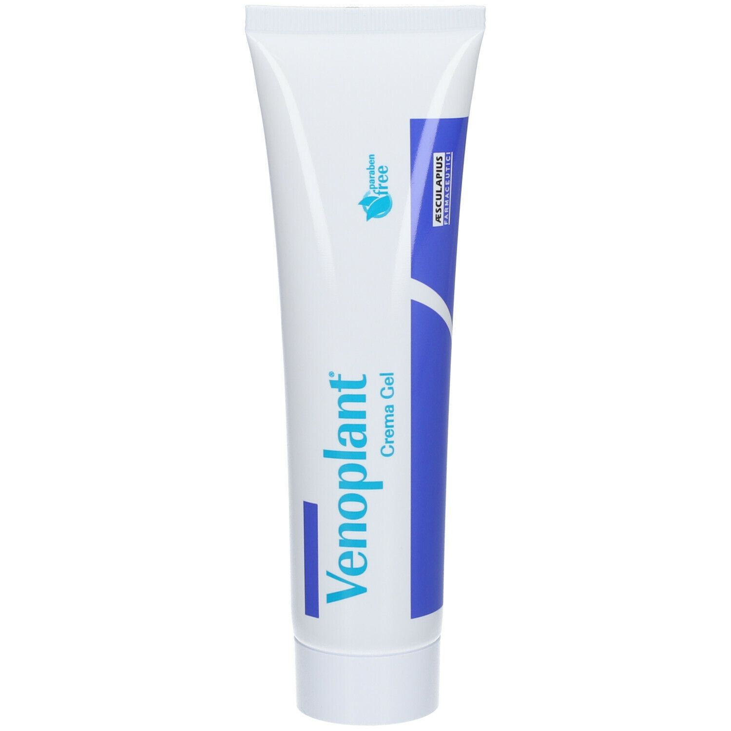 Tubo di Venoplant® Crema Gel. Tubo bianco con striscia blu. Nome e logo del prodotto. Logo Asclepius.