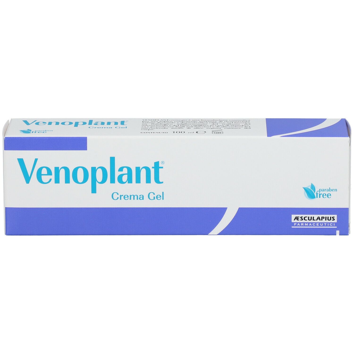 Scatola di Venoplant® Crema Gel. Confezione blu e bianca con nome e logo del prodotto. Logo Asclepius.