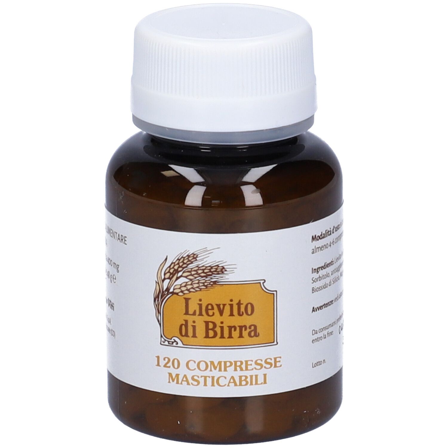 Flacone di compresse marrone con tappo bianco. Scritta: Lievito di Birra, 120 Compresse.