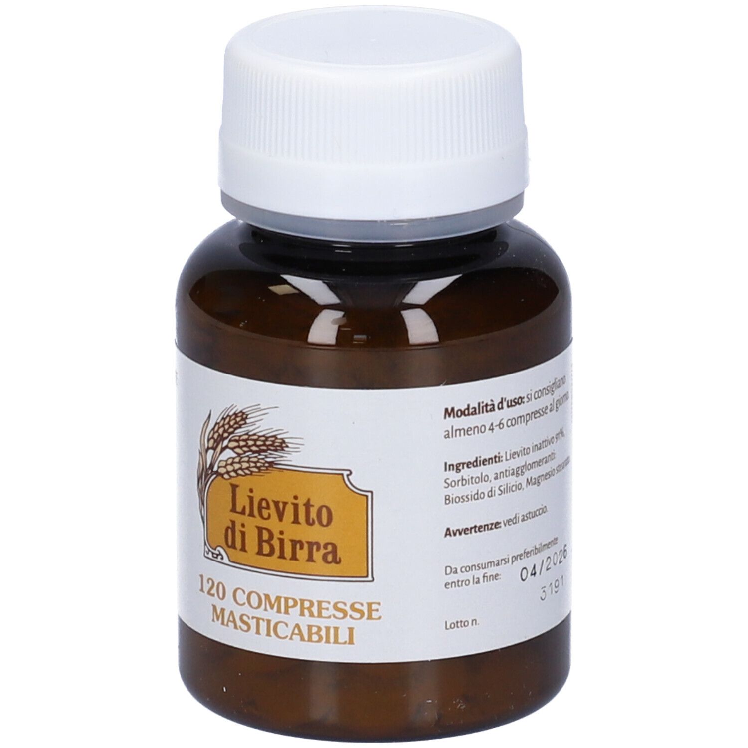 Flacone di compresse marrone con tappo bianco. Scritta: Lievito di Birra, 120 Compresse.
