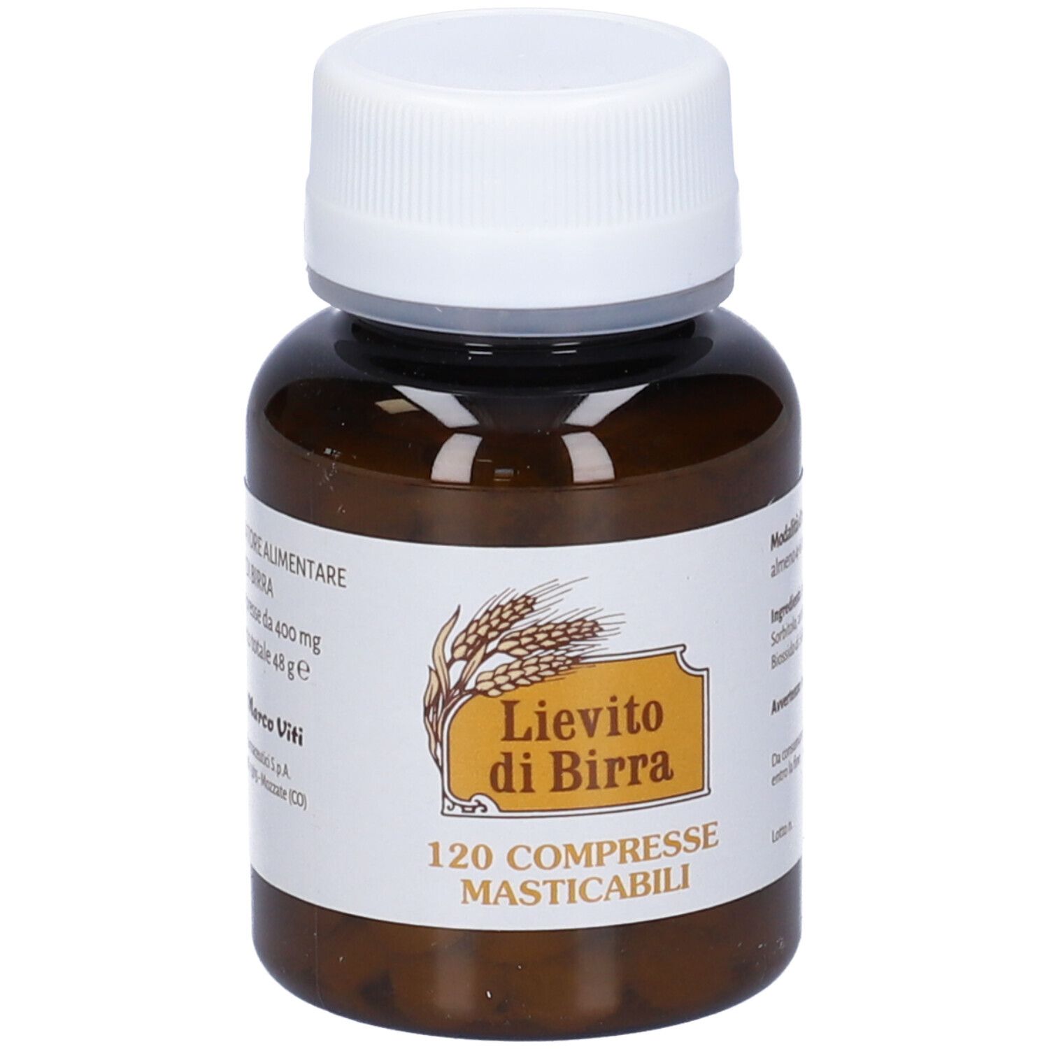 Flacone di compresse marrone con tappo bianco. Scritta: Lievito di Birra, 120 Compresse. Testo sul retro.